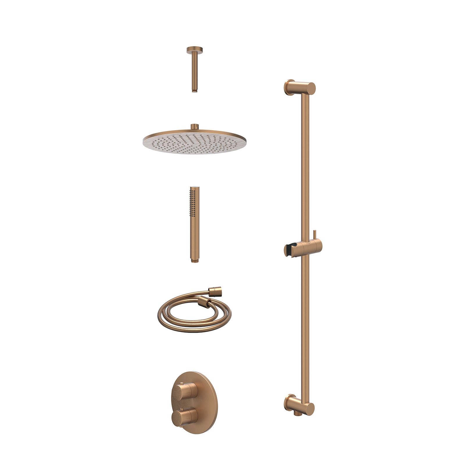IVY Bond Regendoucheset inbouw 2-weg - 30cm medium - plafond 15cm - glijstang - staafhanddouche - excl. inbouwbox - Geborsteld mat koper