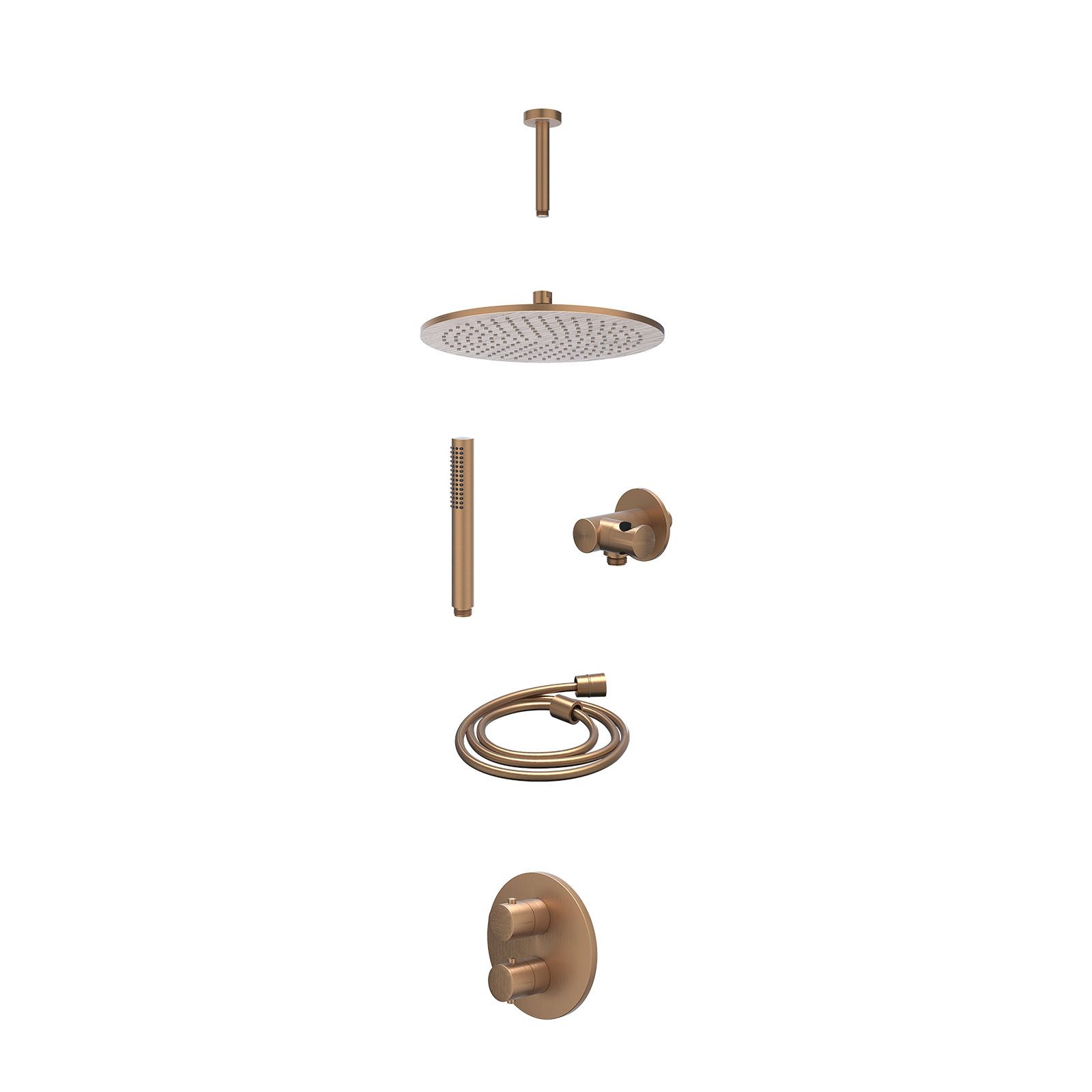 IVY Bond Regendoucheset inbouw 2-weg - 30cm medium - plafond 15cm - verstelbare steun - staafhanddouche - excl. inbouwbox - Geborsteld mat koper