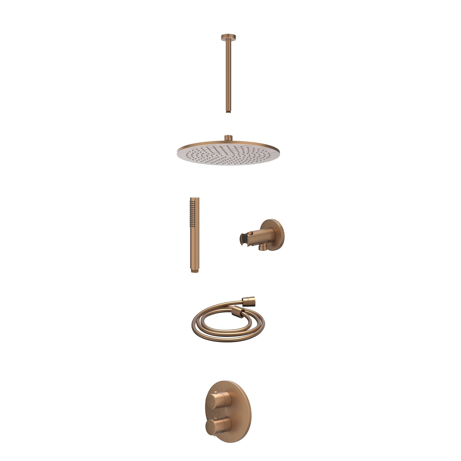 IVY Bond Regendoucheset inbouw 2-weg - 30cm medium - plafond 30cm - wandhouder - staafhanddouche - excl. inbouwbox - Geborsteld mat koper