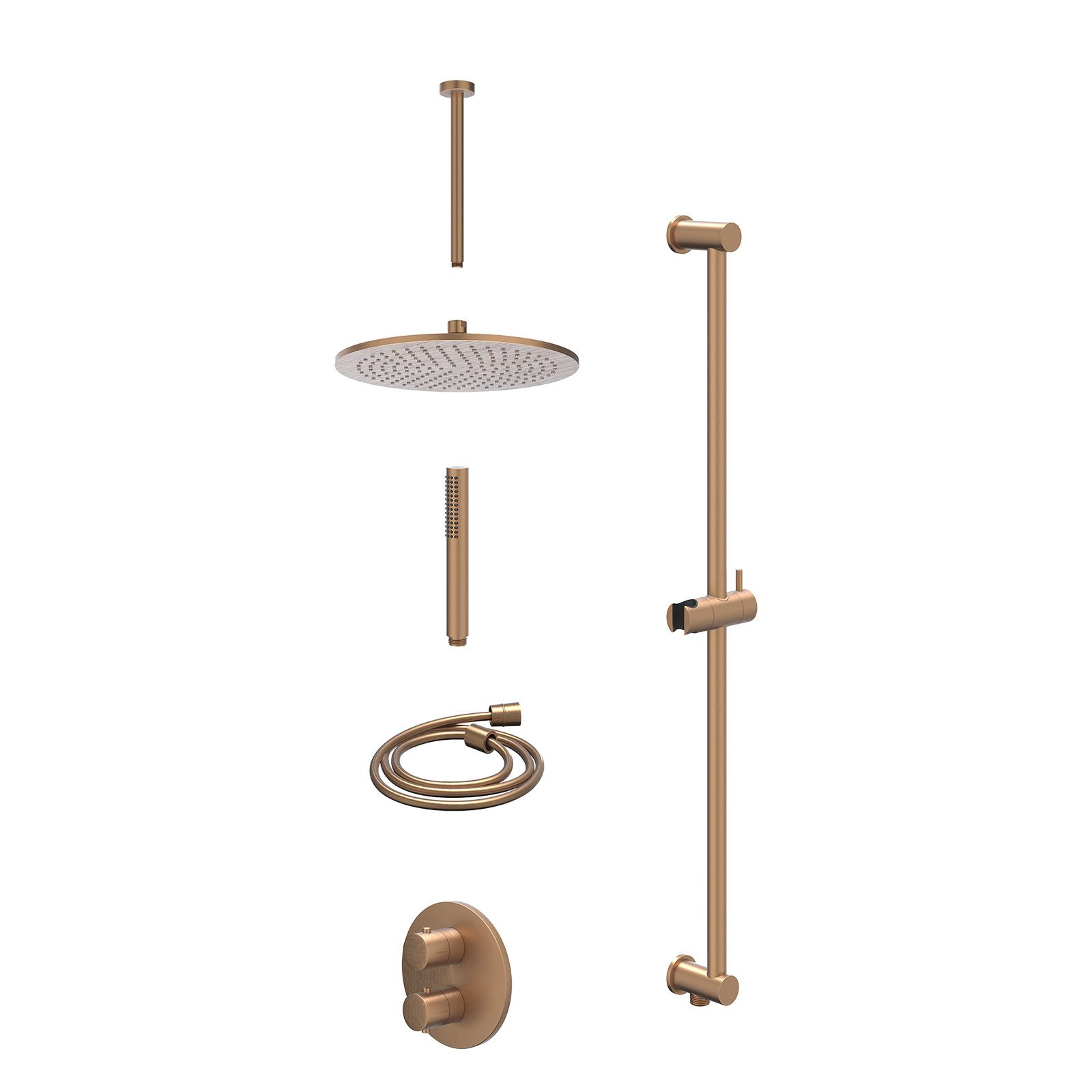 IVY Bond Regendoucheset inbouw 2-weg - 30cm medium - plafond 30cm - glijstang - staafhanddouche - excl. inbouwbox - Geborsteld mat koper