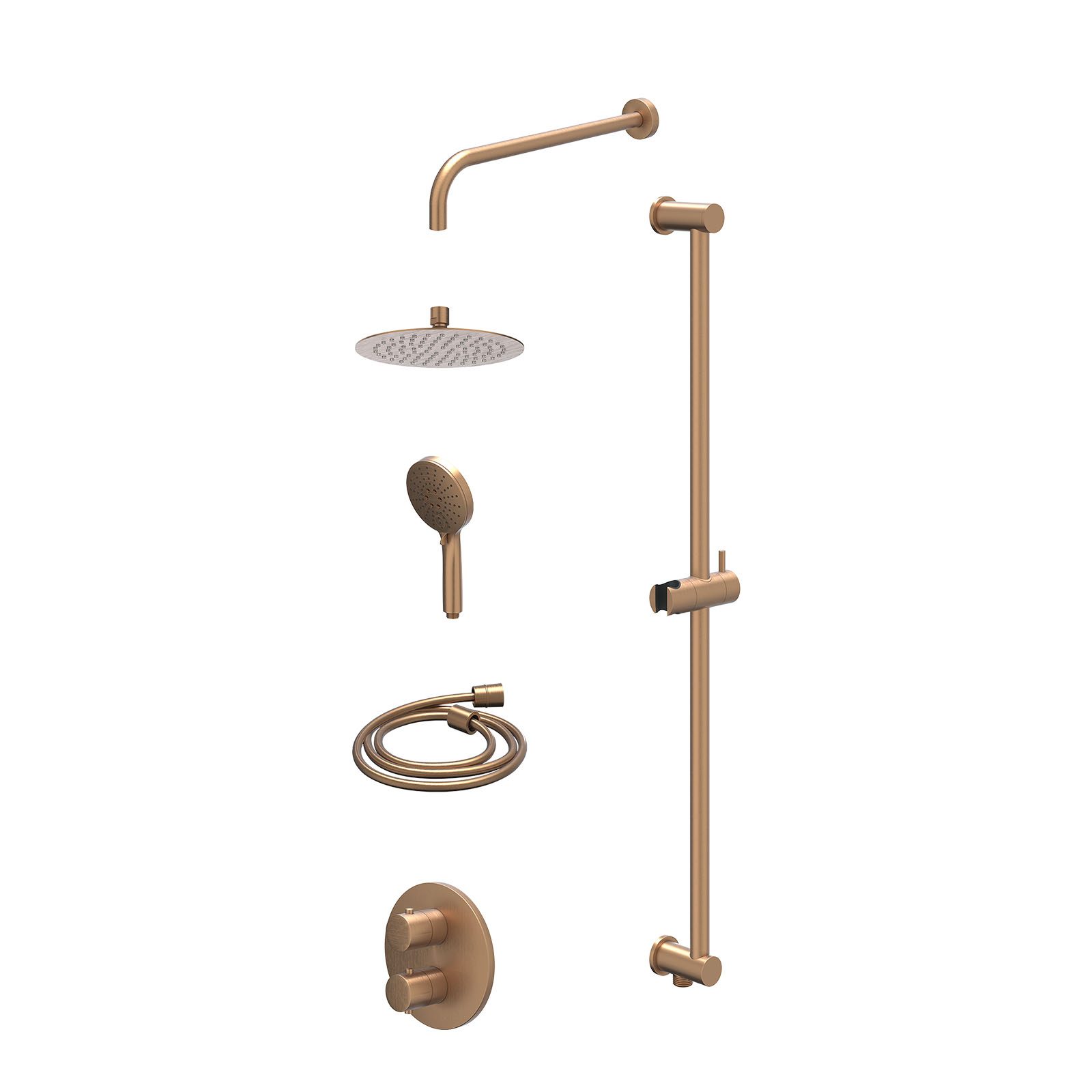 IVY Bond Regendoucheset inbouw 2-weg - 20cm slim - wandarm - glijstang - 3-standen - excl. inbouwbox - Geborsteld mat koper