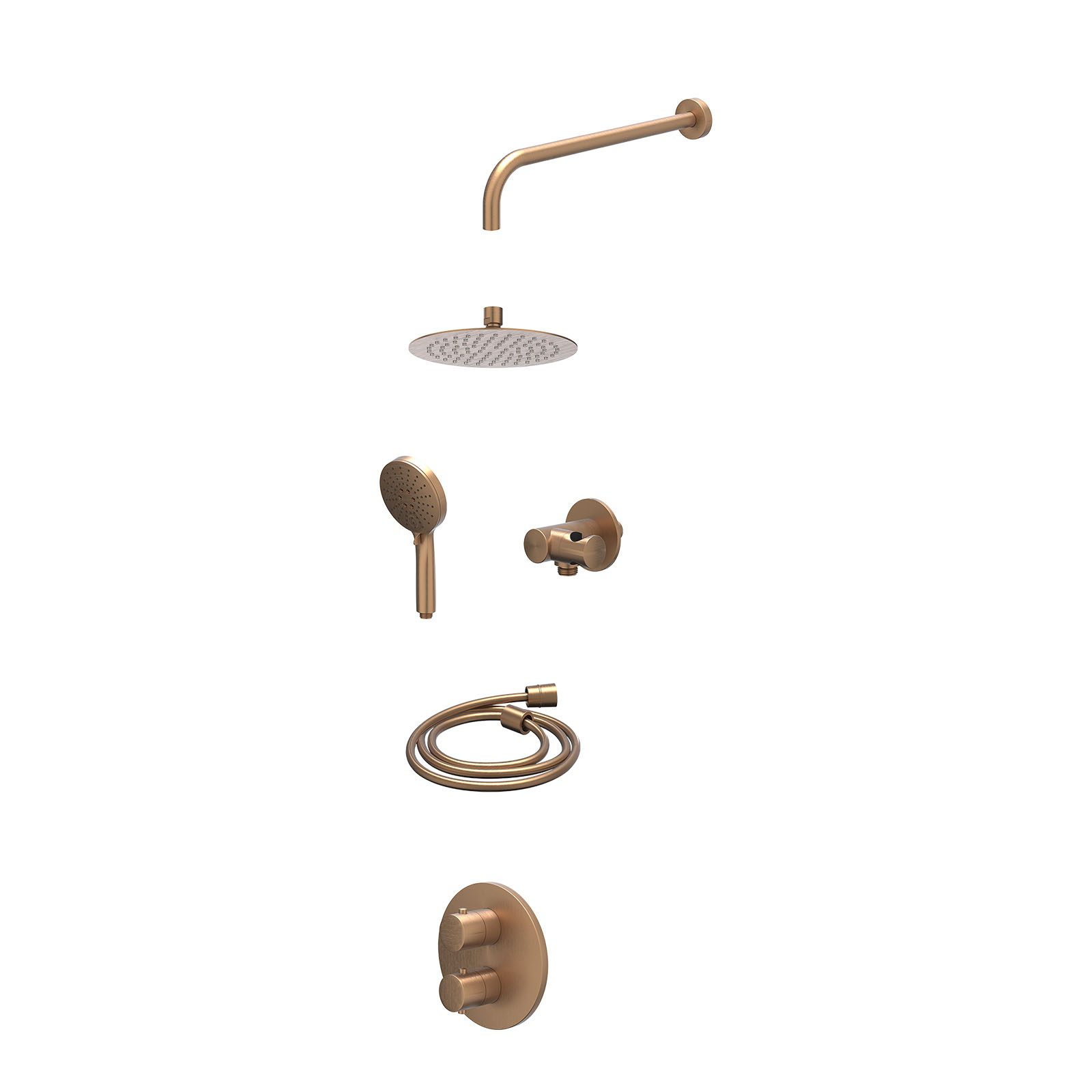 IVY Bond Regendoucheset inbouw 2-weg - 20cm slim - wandarm - verstelbare steun - 3-standen - excl. inbouwbox - Geborsteld mat koper