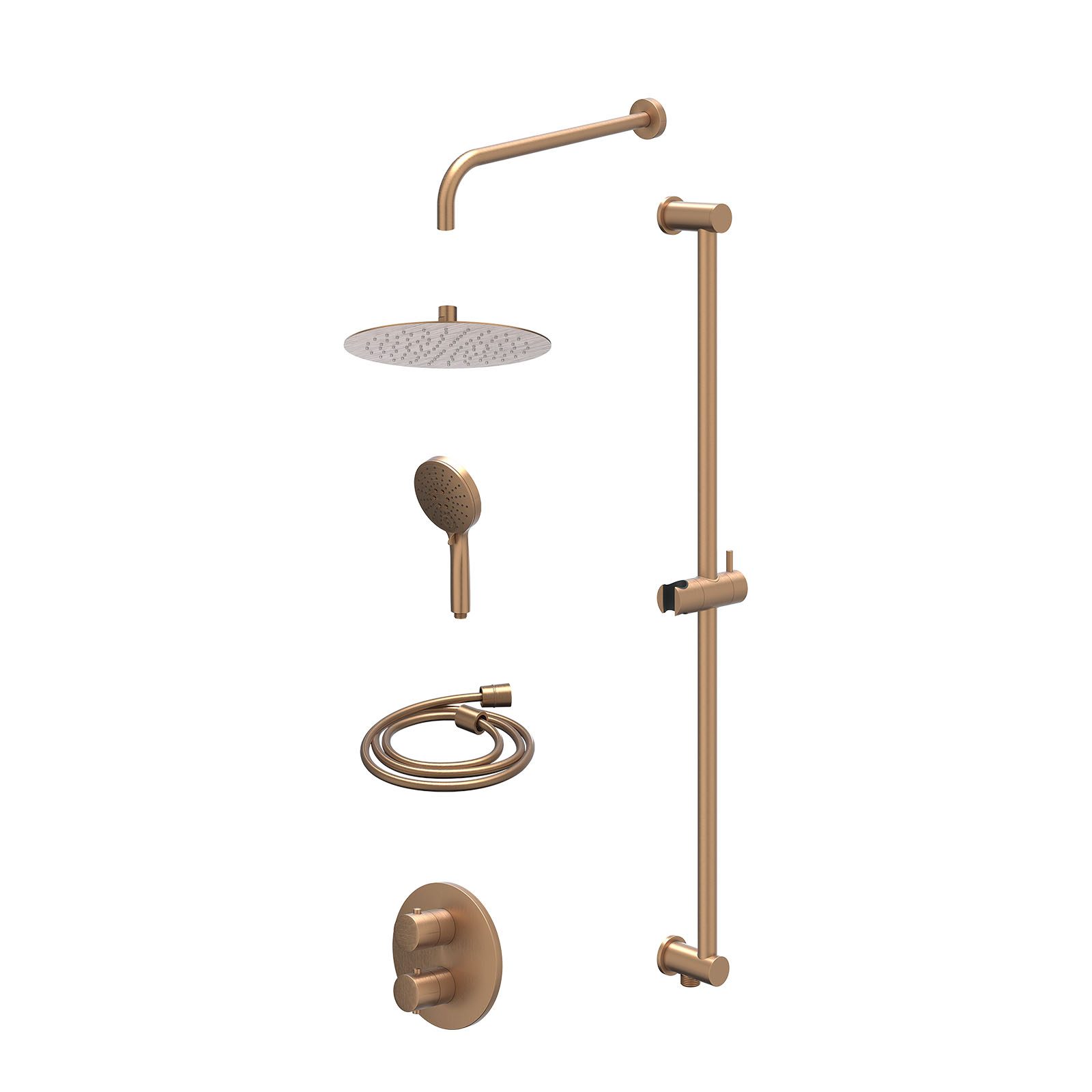 IVY Bond Regendoucheset inbouw 2-weg - 25cm slim - wandarm - glijstang - 3-standen - excl. inbouwbox - Geborsteld mat koper