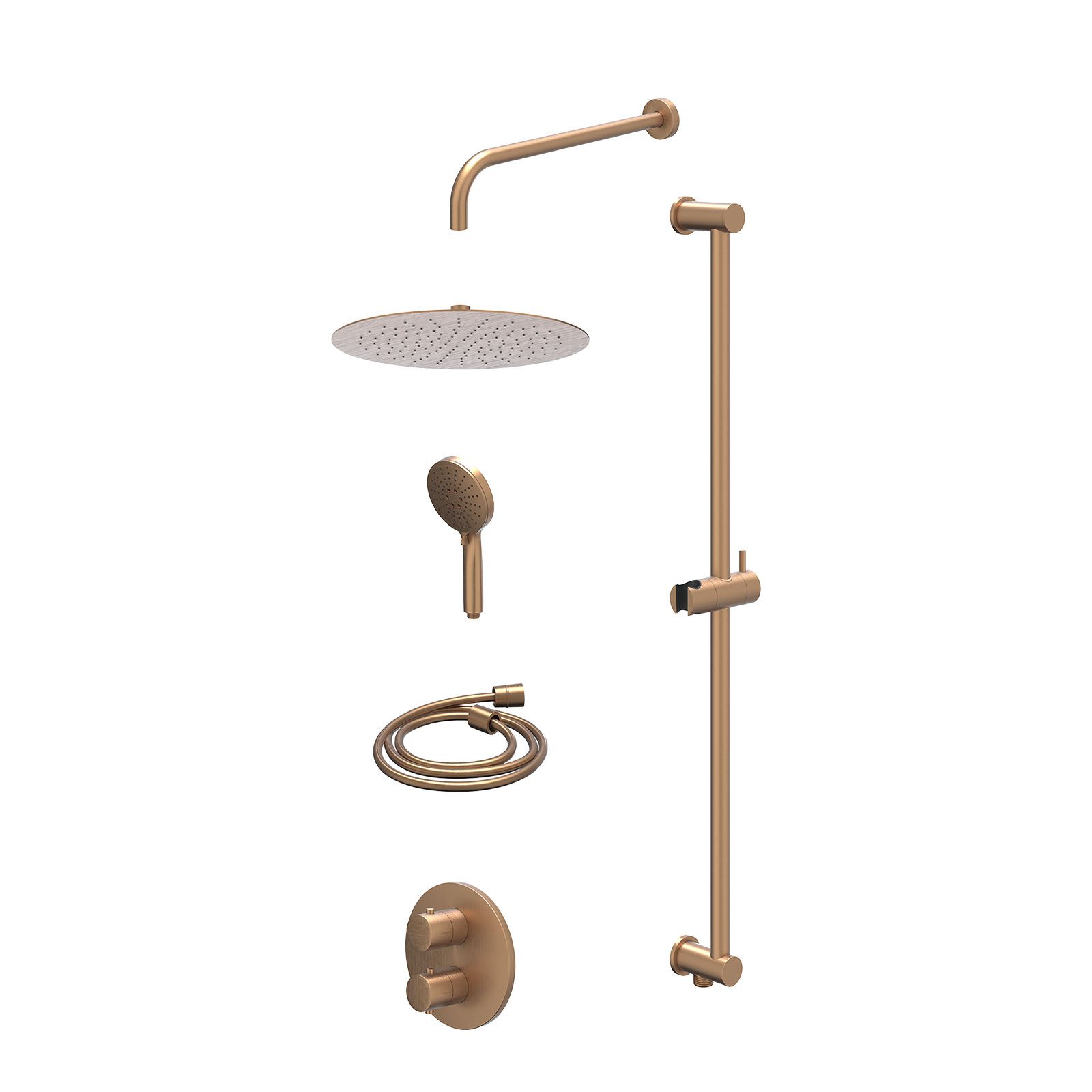 IVY Bond Regendoucheset inbouw 2-weg - 30cm slim - wandarm - glijstang - 3-standen - excl. inbouwbox - Geborsteld mat koper