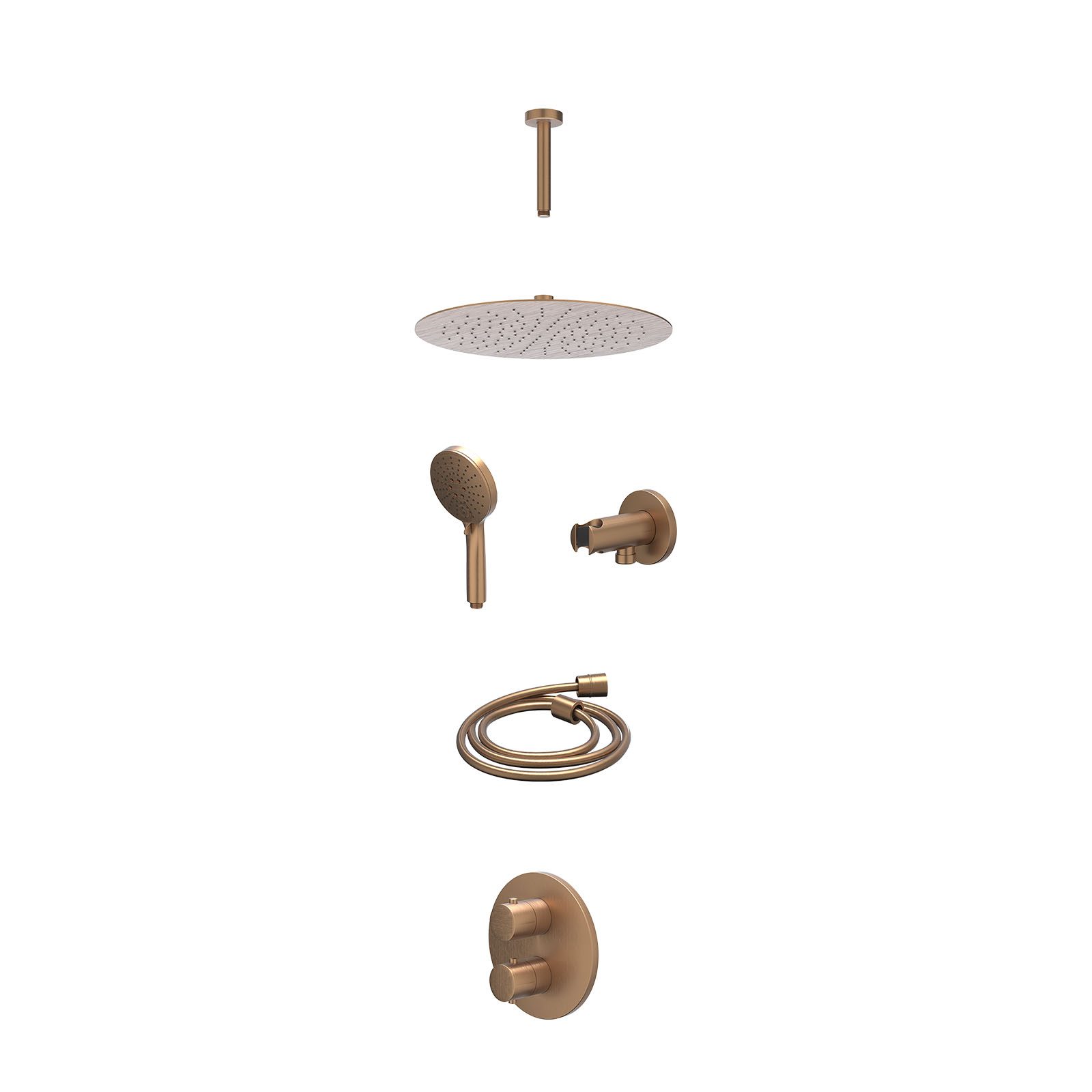 IVY Bond Regendoucheset inbouw 2-weg - 30cm slim - plafond 15cm - wandhouder - 3-standen - excl. inbouwbox - Geborsteld mat koper