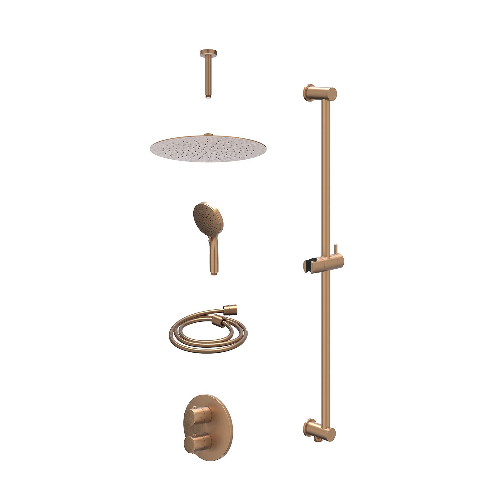 IVY Bond Regendoucheset inbouw 2-weg - 30cm slim - plafond 15cm - glijstang - 3-standen - excl. inbouwbox - Geborsteld mat koper