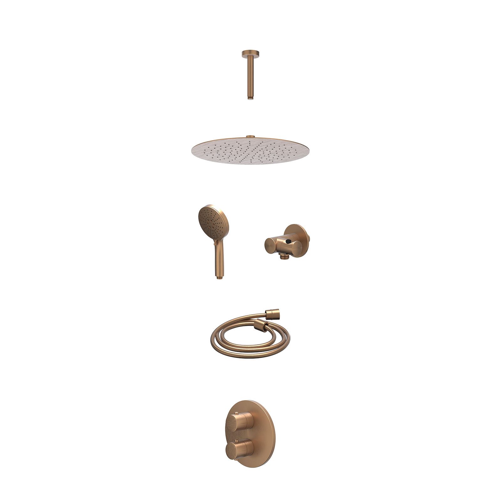 IVY Bond Regendoucheset inbouw 2-weg - 30cm slim - plafond 15cm - verstelbare steun - 3-standen - excl. inbouwbox - Geborsteld mat koper