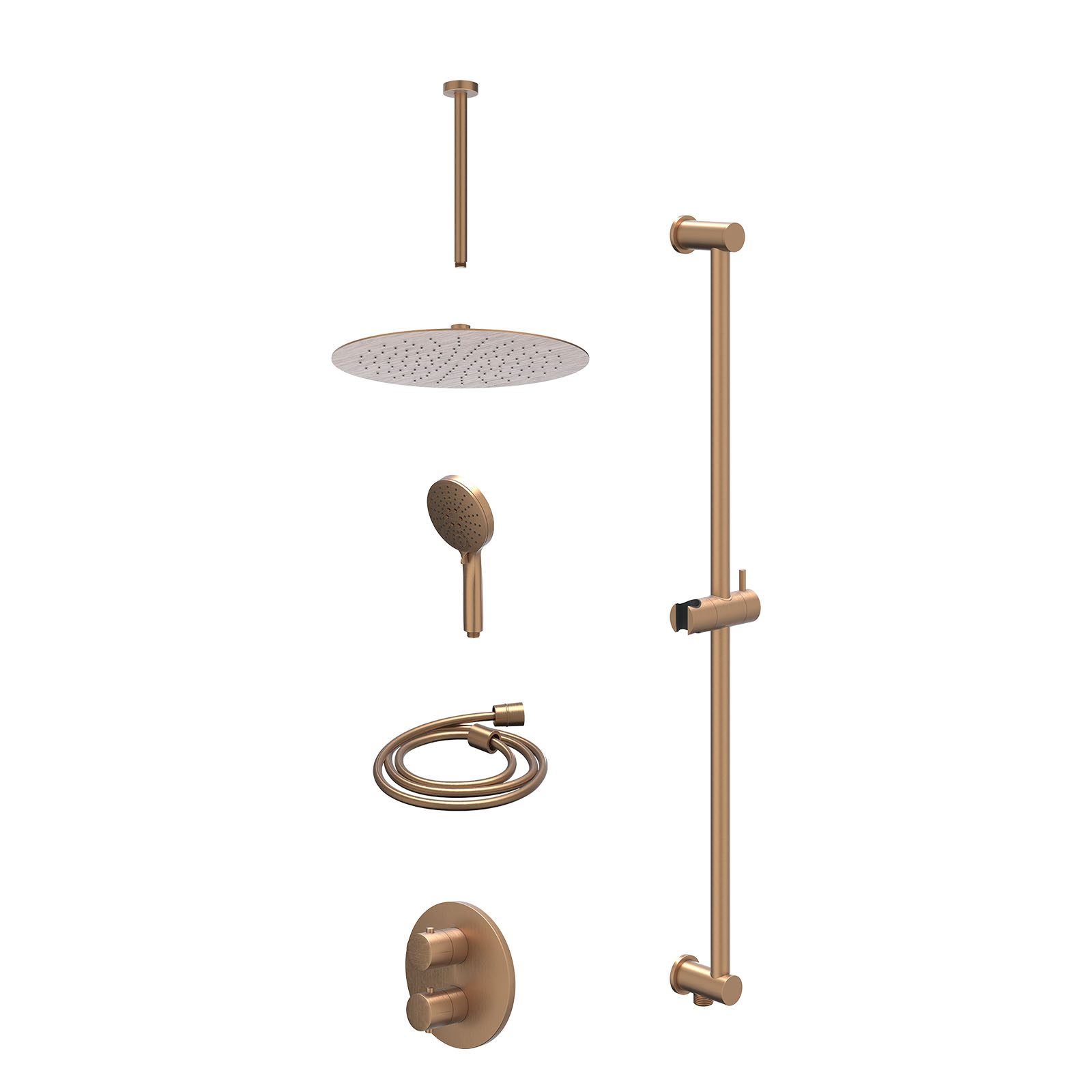 IVY Bond Regendoucheset inbouw 2-weg - 30cm slim - plafond 30cm - glijstang - 3-standen - excl. inbouwbox - Geborsteld mat koper