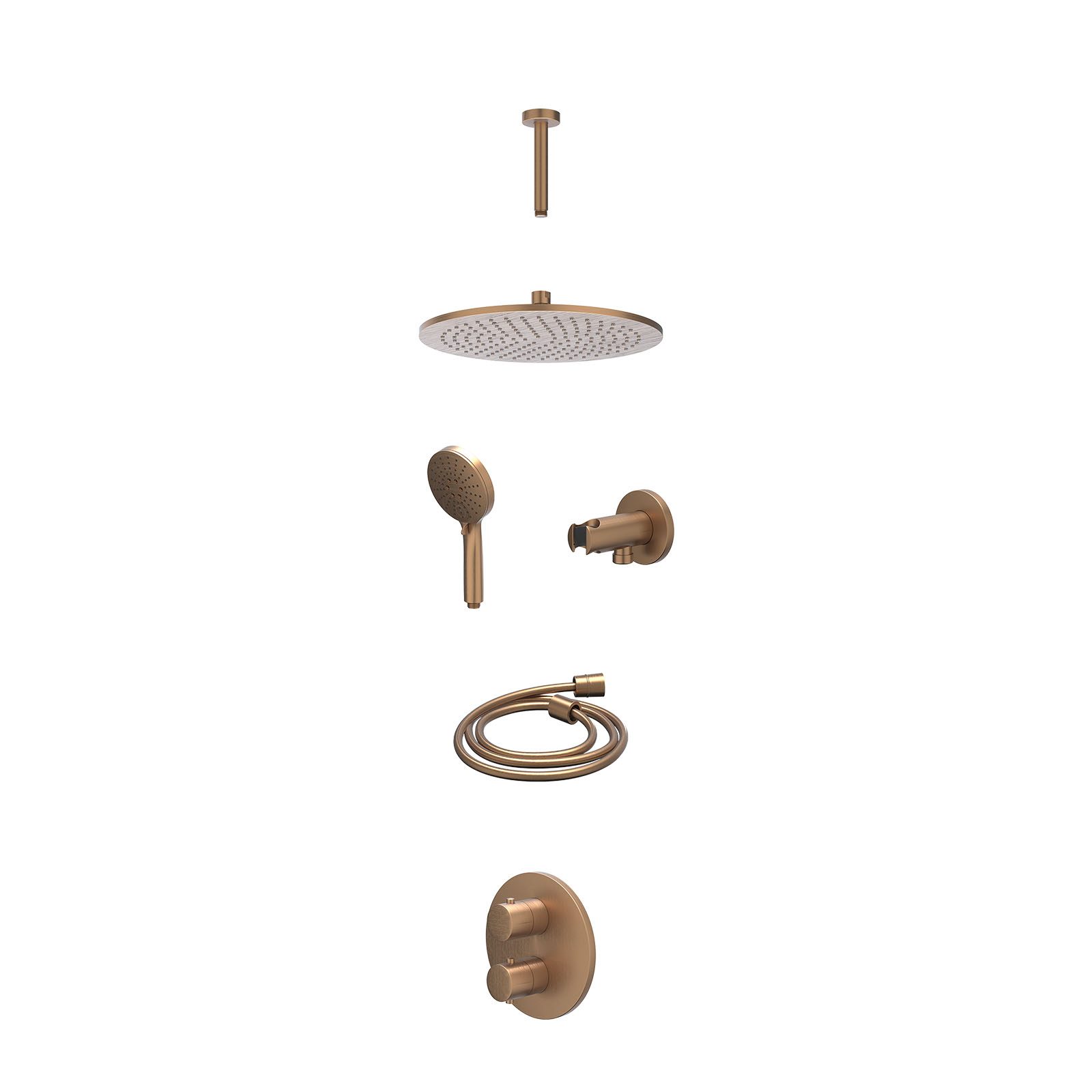 IVY Bond Regendoucheset inbouw 2-weg - 30cm medium - plafond 15cm - wandhouder - 3-standen - excl. inbouwbox - Geborsteld mat koper
