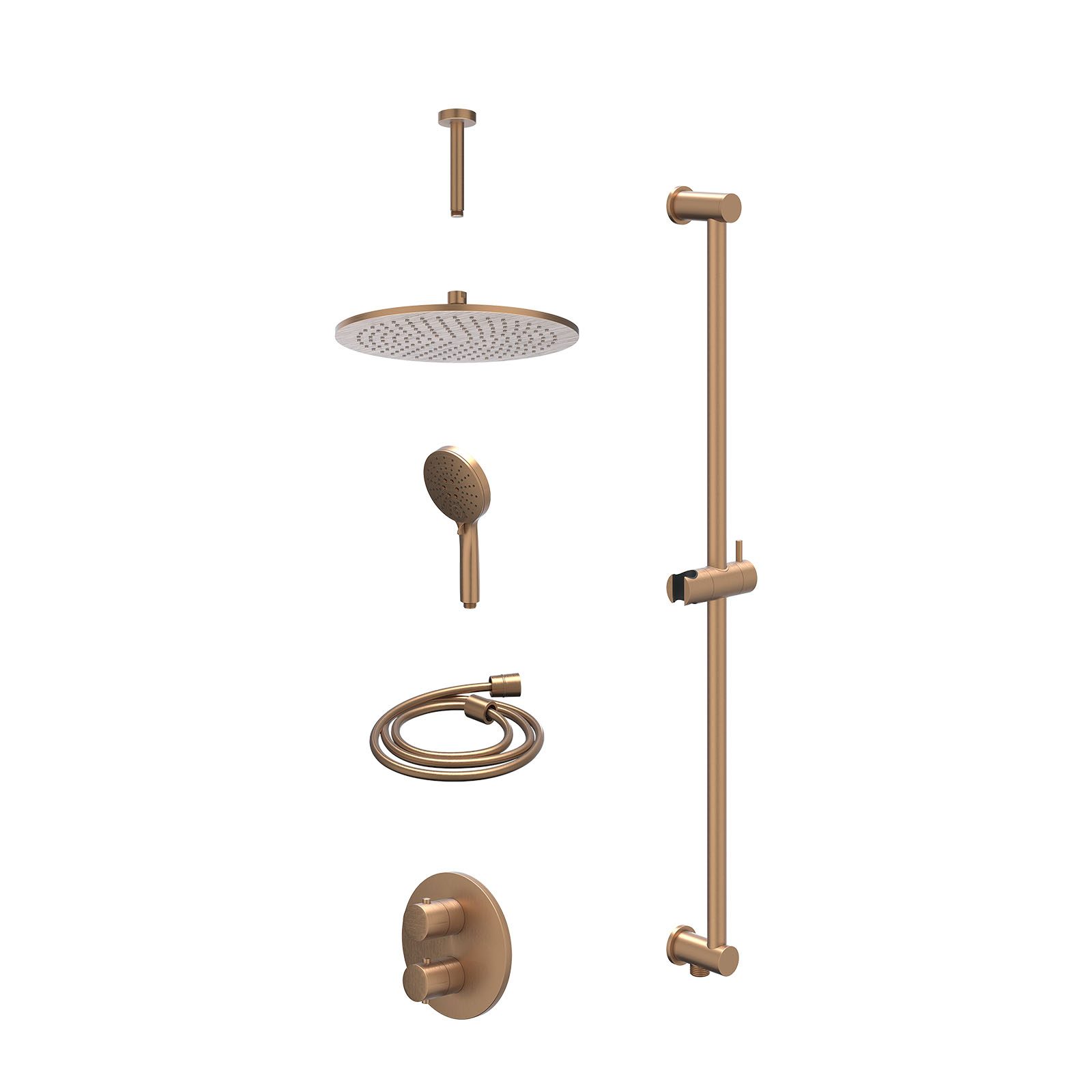 IVY Bond Regendoucheset inbouw 2-weg - 30cm medium - plafond 15cm - glijstang - 3-standen - excl. inbouwbox - Geborsteld mat koper