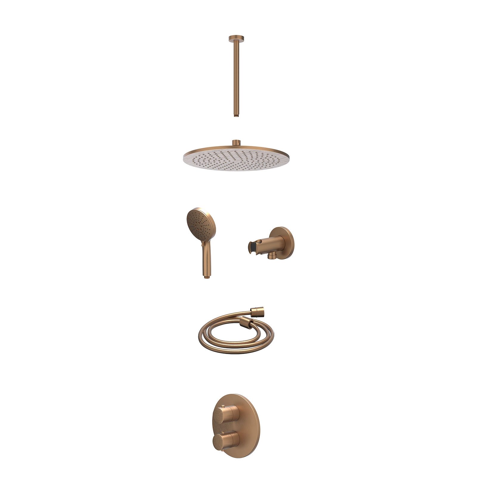 IVY Bond Regendoucheset inbouw 2-weg - 30cm medium - plafond 30cm - wandhouder - 3-standen - excl. inbouwbox - Geborsteld mat koper