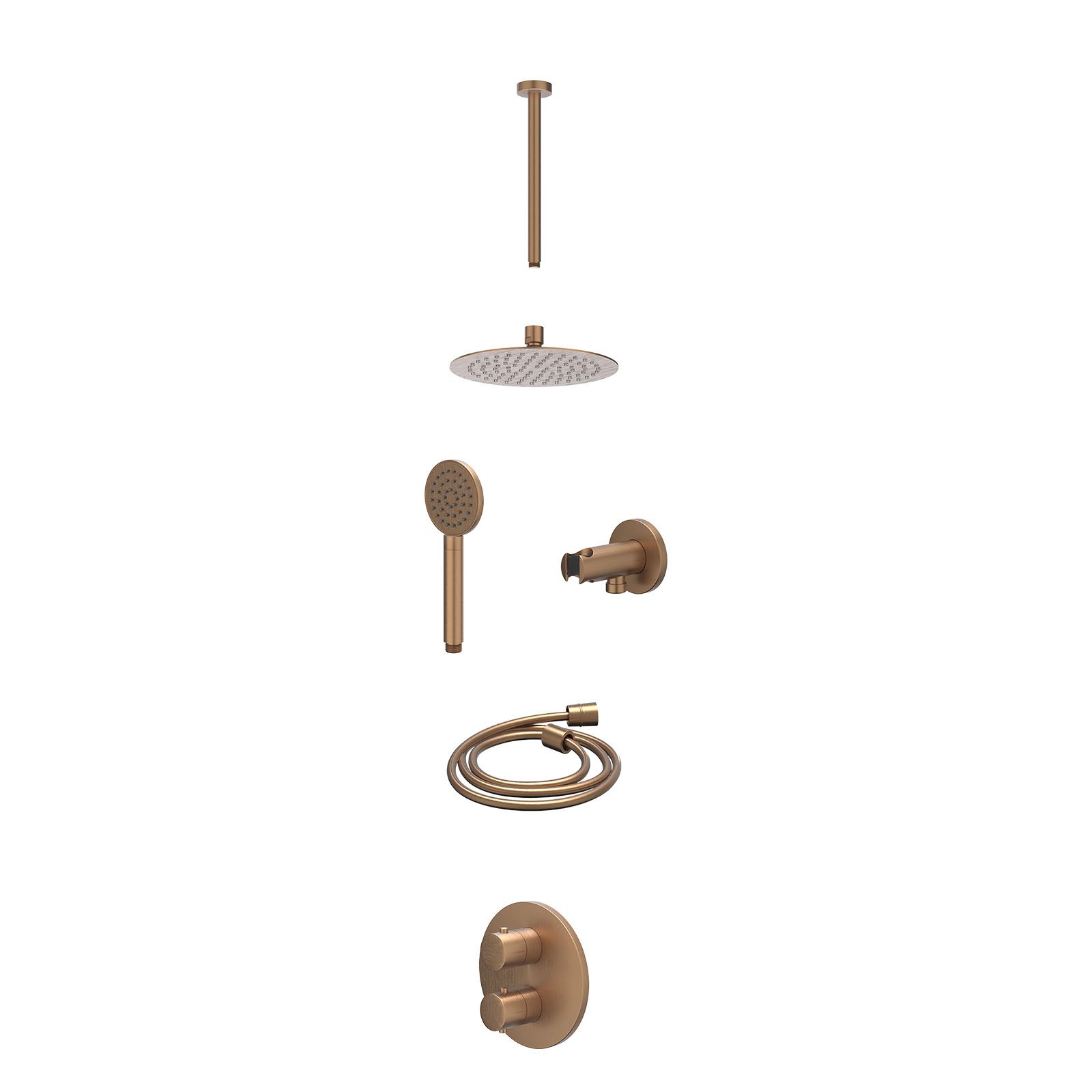 IVY Bond Regendoucheset inbouw 2-weg - 20cm slim - plafond 30cm - wandhouder - satin spray - excl. inbouwbox - Geborsteld mat koper