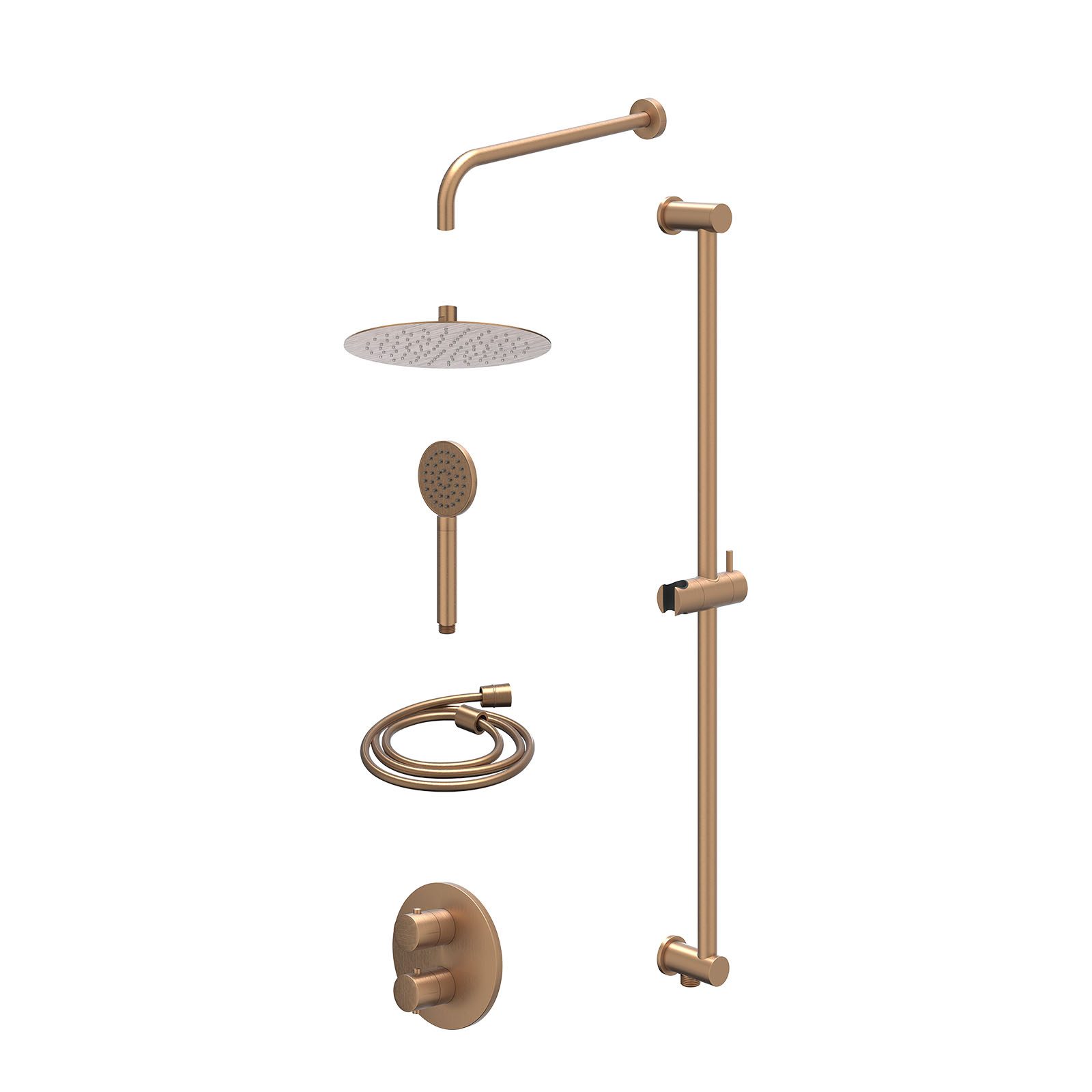 IVY Bond Regendoucheset inbouw 2-weg - 25cm slim - wandarm - glijstang - satin spray - excl. inbouwbox - Geborsteld mat koper