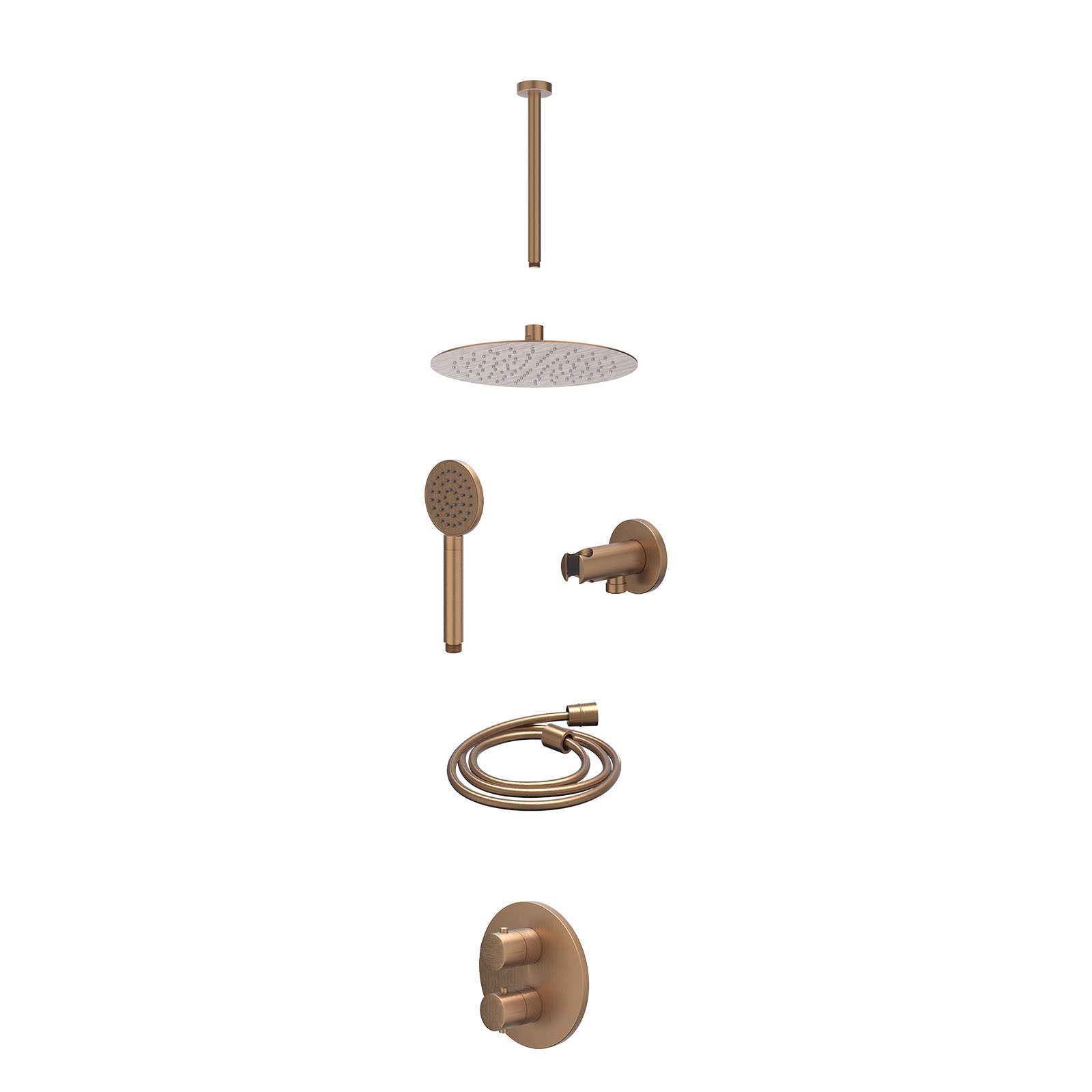 IVY Bond Regendoucheset inbouw 2-weg - 25cm slim - plafond 30cm - wandhouder - satin spray - excl. inbouwbox - Geborsteld mat koper