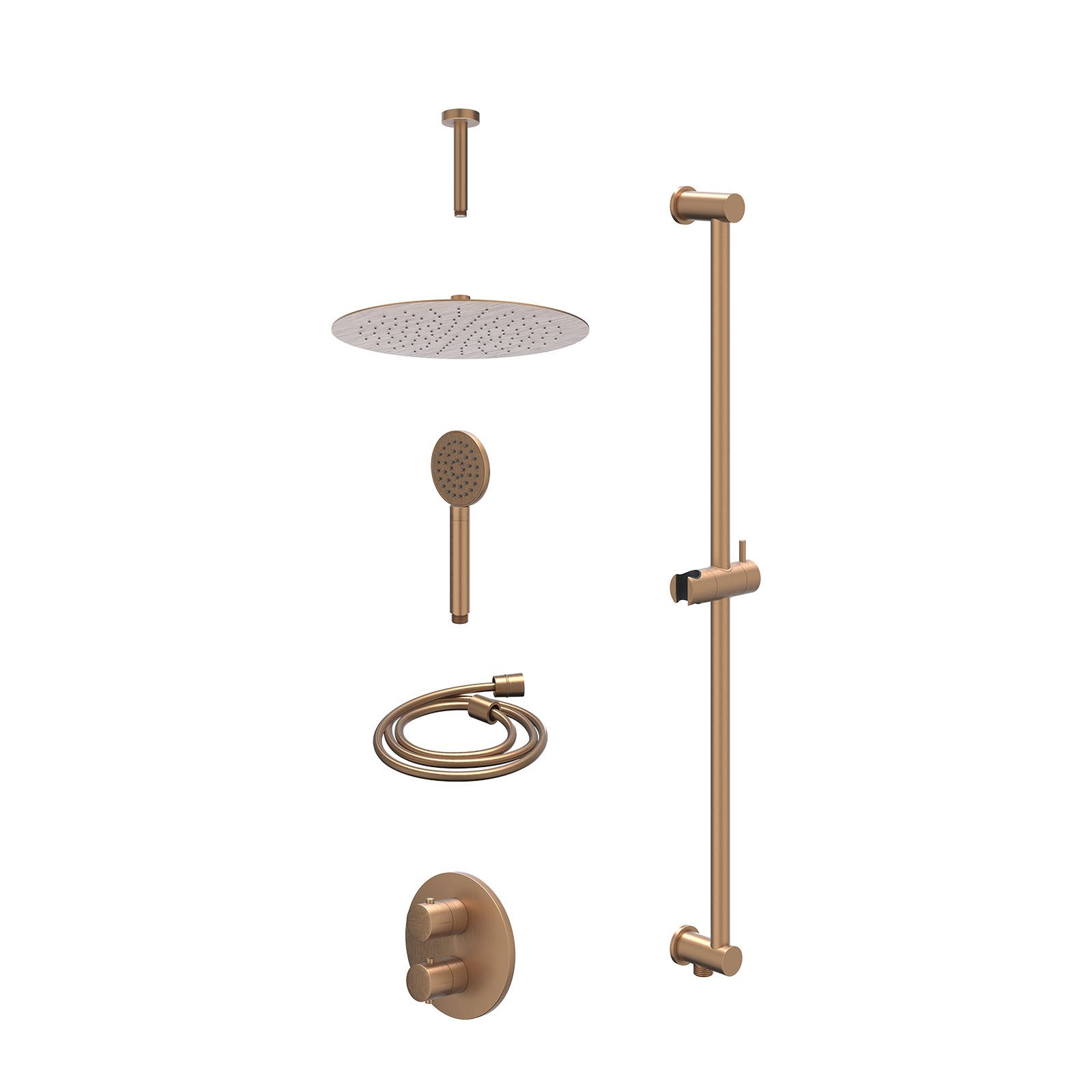 IVY Bond Regendoucheset inbouw 2-weg - 30cm slim - plafond 15cm - glijstang - satin spray - excl. inbouwbox - Geborsteld mat koper