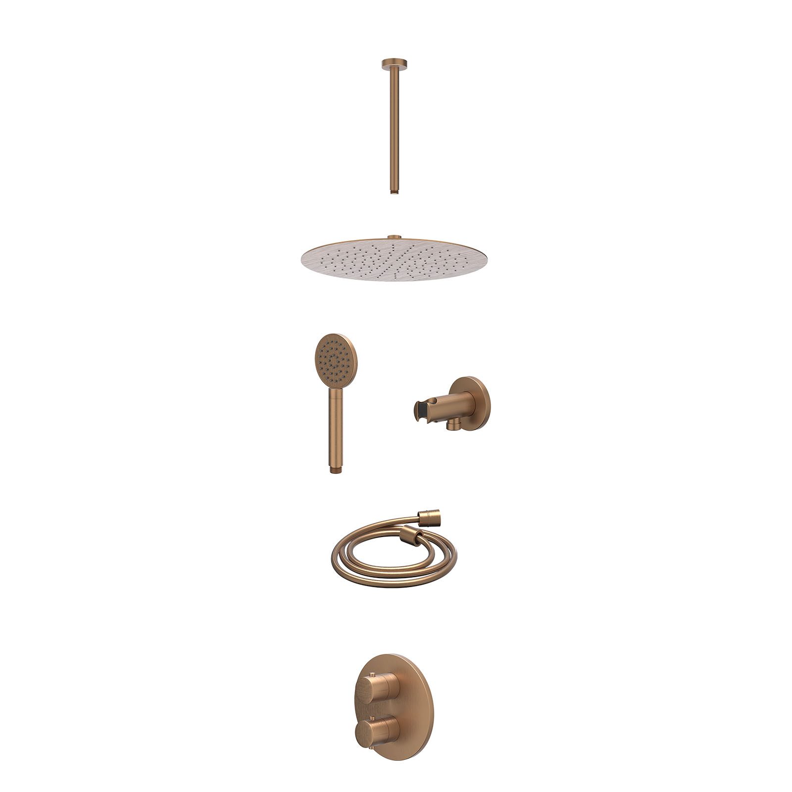 IVY Bond Regendoucheset inbouw 2-weg - 30cm slim - plafond 30cm - wandhouder - satin spray - excl. inbouwbox - Geborsteld mat koper