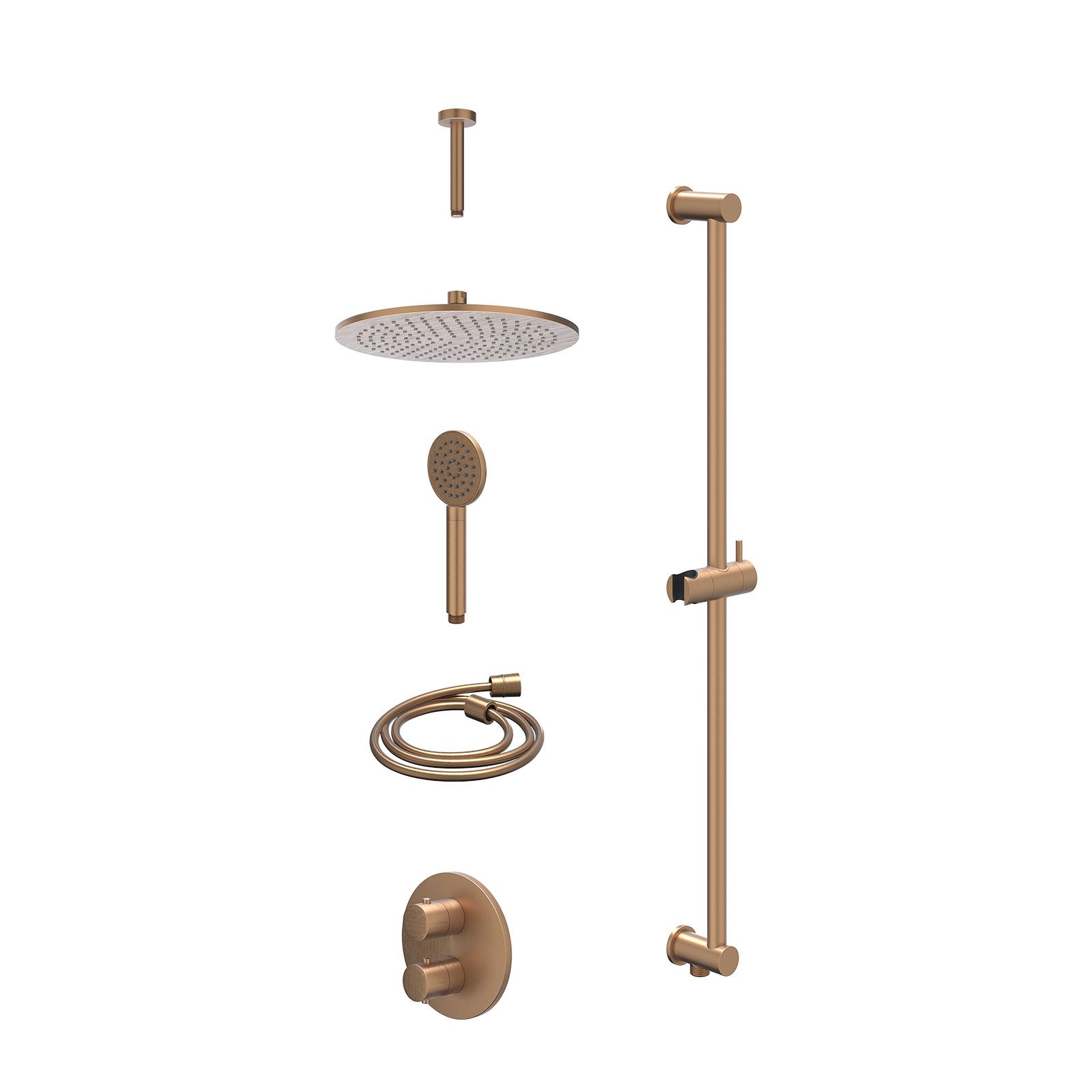 IVY Bond Regendoucheset inbouw 2-weg - 30cm medium - plafond 15cm - glijstang - satin spray - excl. inbouwbox - Geborsteld mat koper
