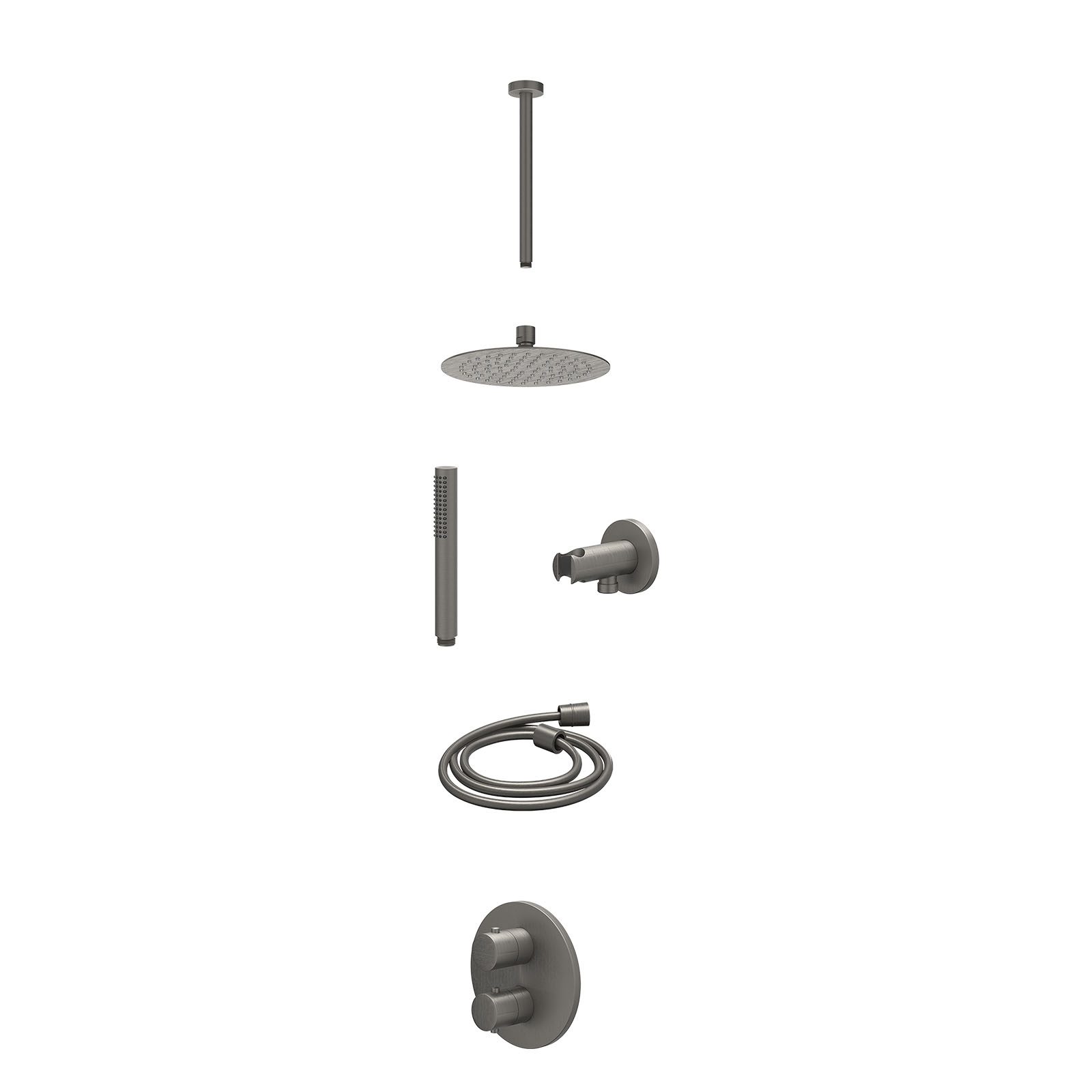 IVY Bond Regendoucheset inbouw 2-weg - 20cm slim - plafond 30cm - wandhouder - staafhanddouche - excl. inbouwbox - Geborsteld metal black