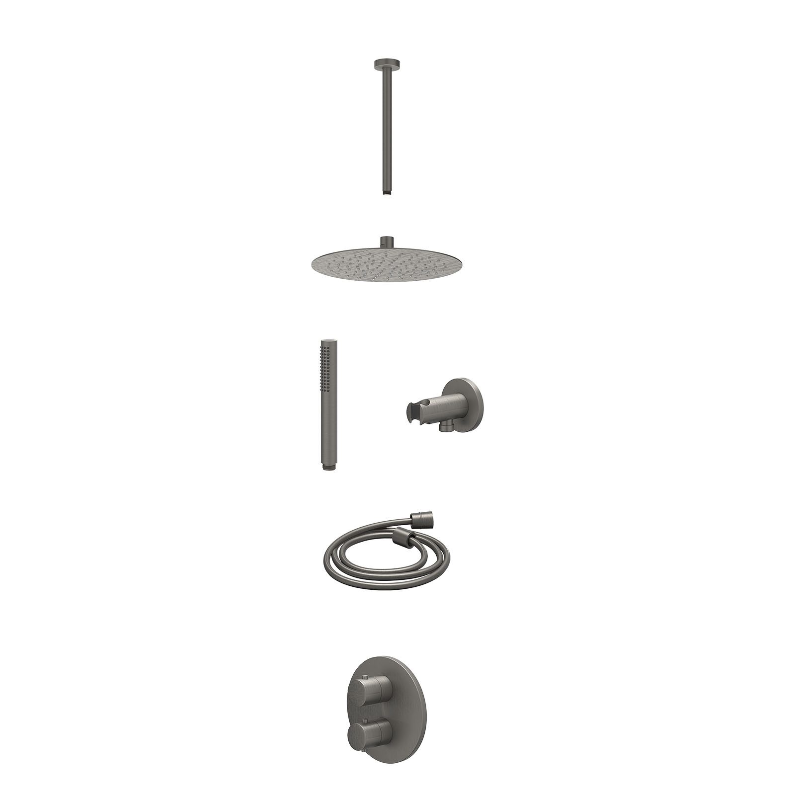 IVY Bond Regendoucheset inbouw 2-weg - 25cm slim - plafond 30cm - wandhouder - staafhanddouche - excl. inbouwbox - Geborsteld metal black