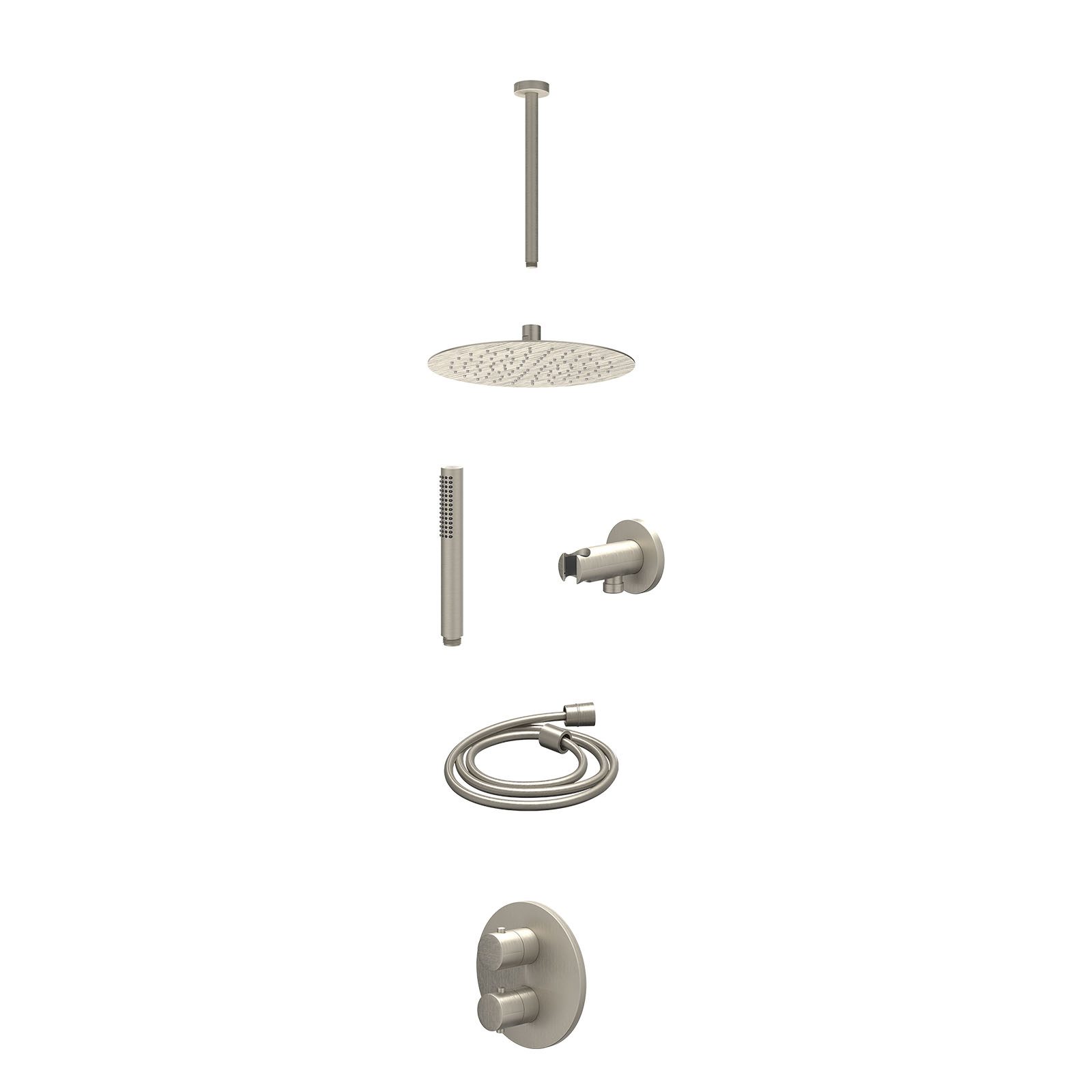 IVY Bond Regendoucheset inbouw 2-weg - 25cm slim - plafond 30cm - wandhouder - staafhanddouche - excl. inbouwbox - Geborsteld nickel