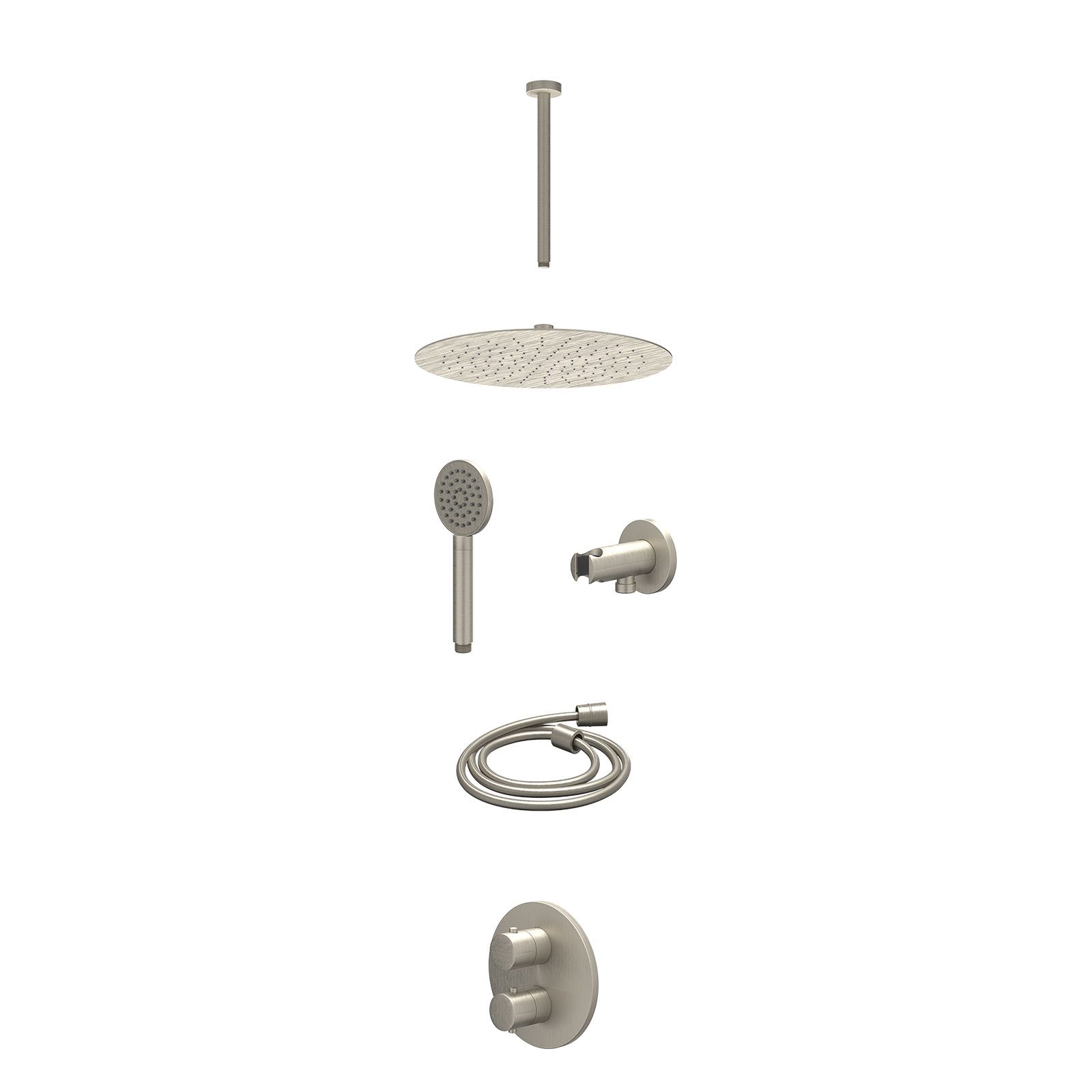 IVY Bond Regendoucheset inbouw 2-weg - 30cm slim - plafond 30cm - wandhouder - satin spray - excl. inbouwbox - Geborsteld nickel