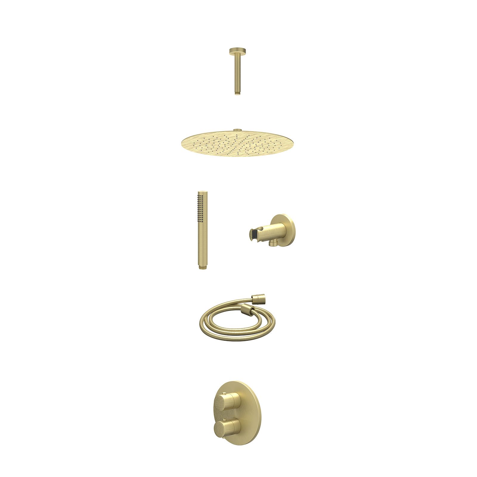 IVY Bond Regendoucheset inbouw 2-weg - 30cm slim - plafond 15cm - wandhouder - staafhanddouche - excl. inbouwbox - Geborsteld mat goud