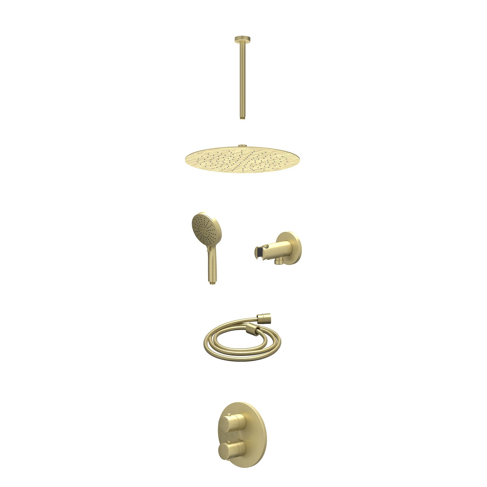 IVY Bond Regendoucheset inbouw 2-weg - 30cm slim - plafond 30cm - wandhouder - 3-standen - excl. inbouwbox - Geborsteld mat goud