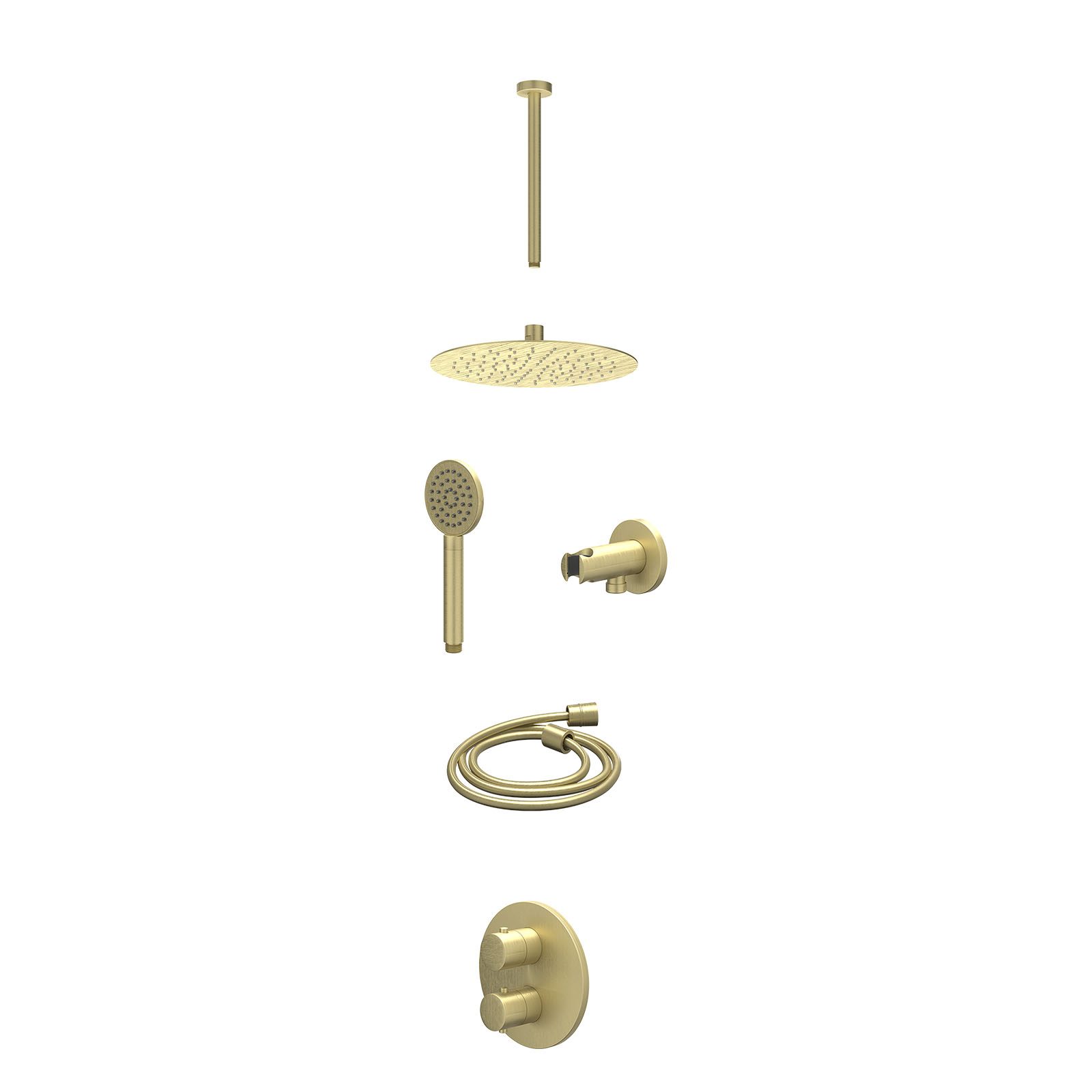 IVY Bond Regendoucheset inbouw 2-weg - 25cm slim - plafond 30cm - wandhouder - satin spray - excl. inbouwbox - Geborsteld mat goud