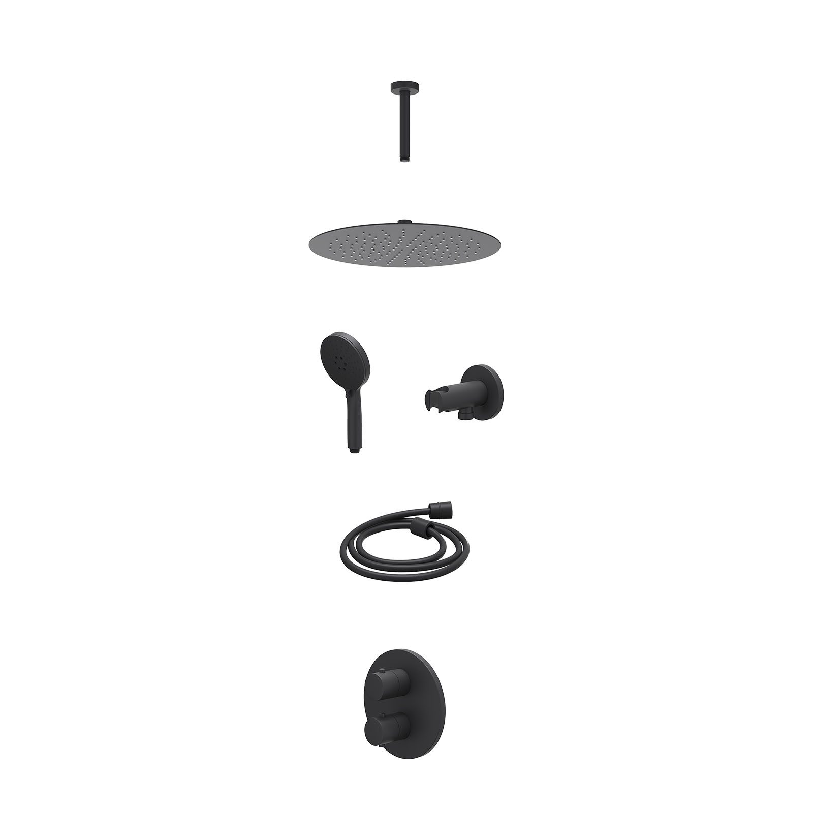 IVY Bond Regendoucheset inbouw 2-weg - 30cm slim - plafond 15cm - wandhouder - 3-standen - excl. inbouwbox - Mat zwart