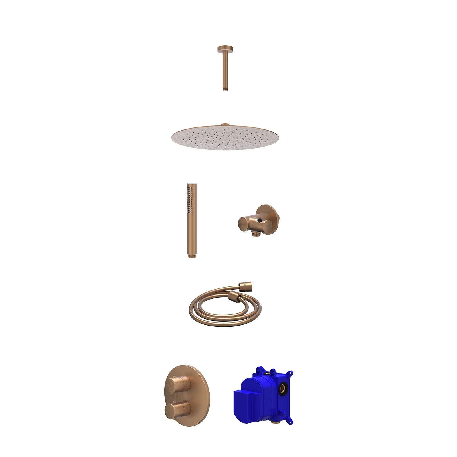IVY Bond Regendoucheset inbouw 2-weg - 30cm slim - plafond 15cm - verstelbare steun - staafhanddouche - Geborsteld mat koper