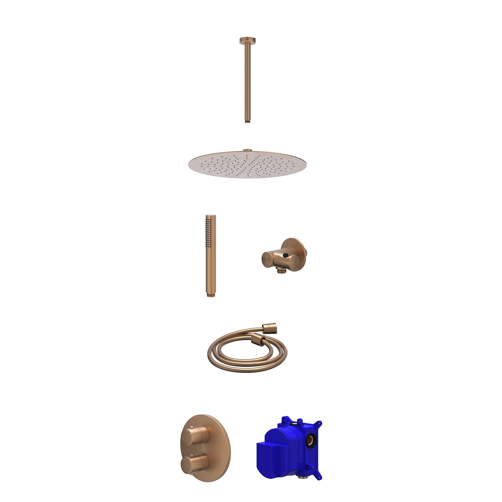 IVY Bond Regendoucheset inbouw 2-weg - 30cm slim - plafond 30cm - verstelbare steun - staafhanddouche - Geborsteld mat koper