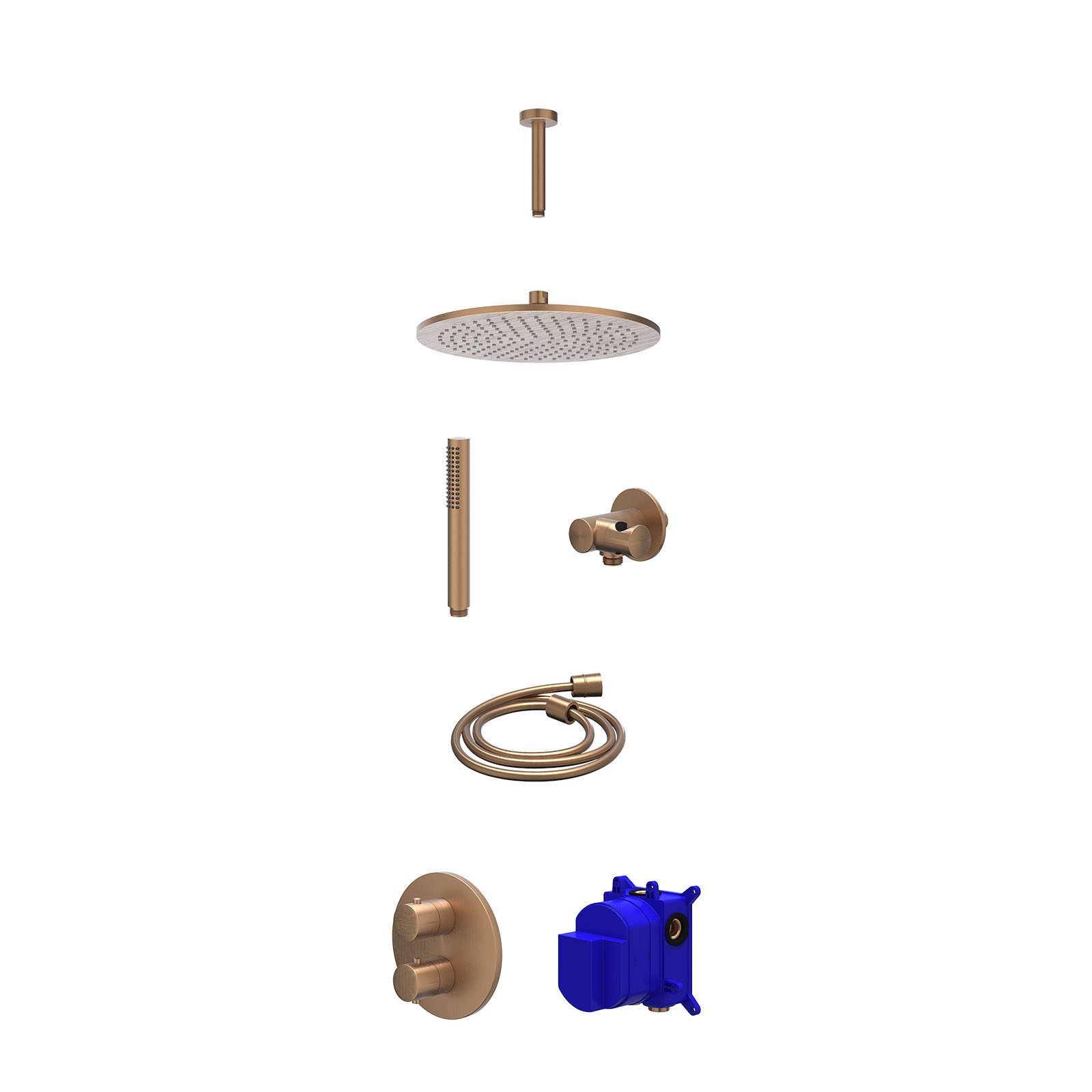 IVY Bond Regendoucheset inbouw 2-weg - 30cm medium - plafond 15cm - verstelbare steun - staafhanddouche - Geborsteld mat koper