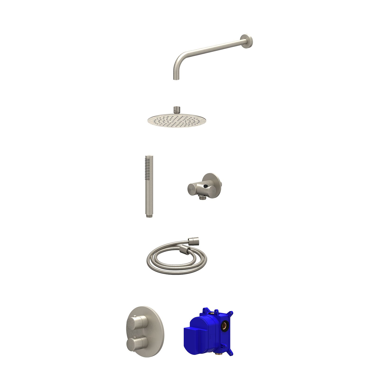 IVY Bond Regendoucheset inbouw 2-weg - 20cm slim - wandarm - verstelbare steun - staafhanddouche - Geborsteld nickel