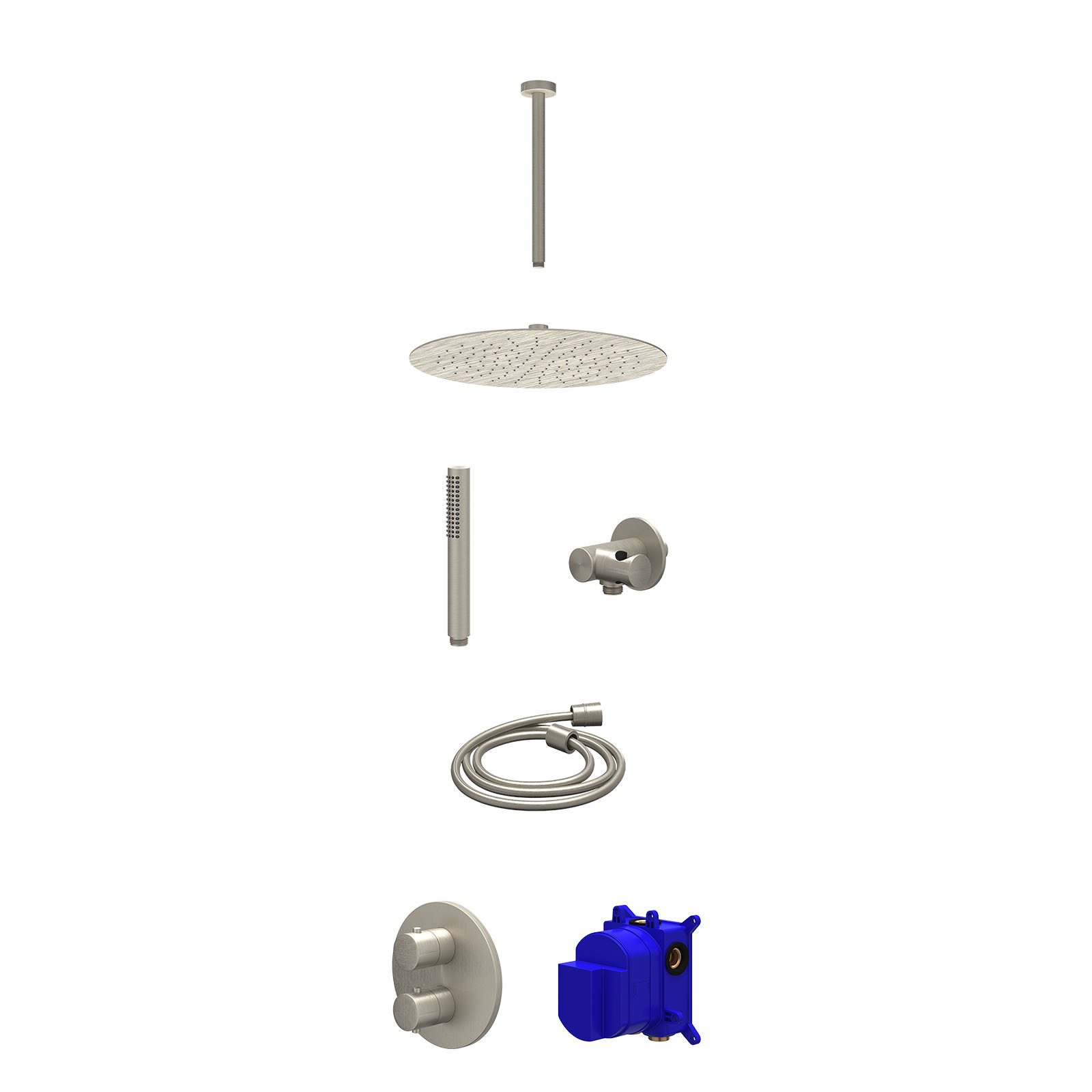 IVY Bond Regendoucheset inbouw 2-weg - 30cm slim - plafond 30cm - verstelbare steun - staafhanddouche - Geborsteld nickel