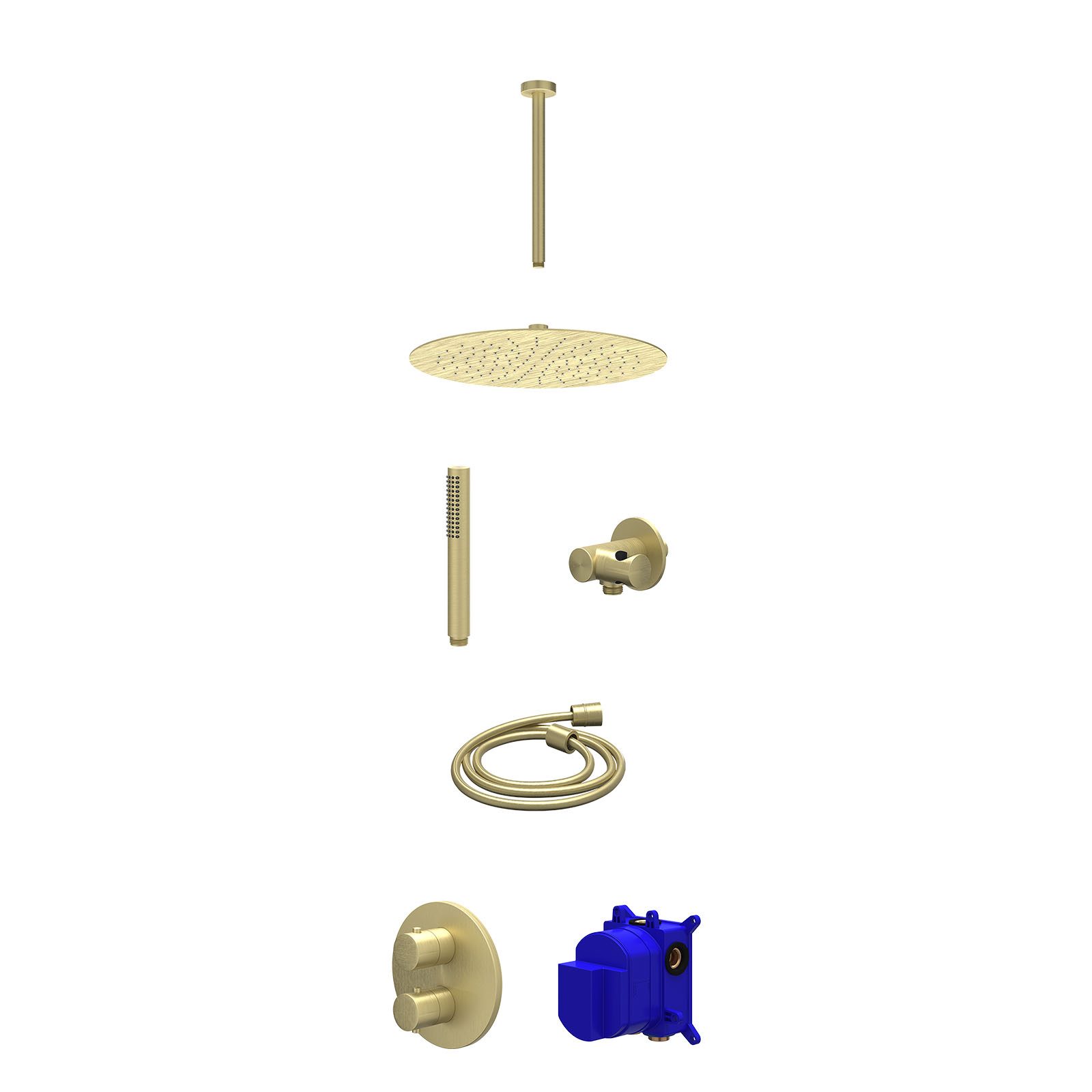 IVY Bond Regendoucheset inbouw 2-weg - 30cm slim - plafond 30cm - verstelbare steun - staafhanddouche - Geborsteld mat goud