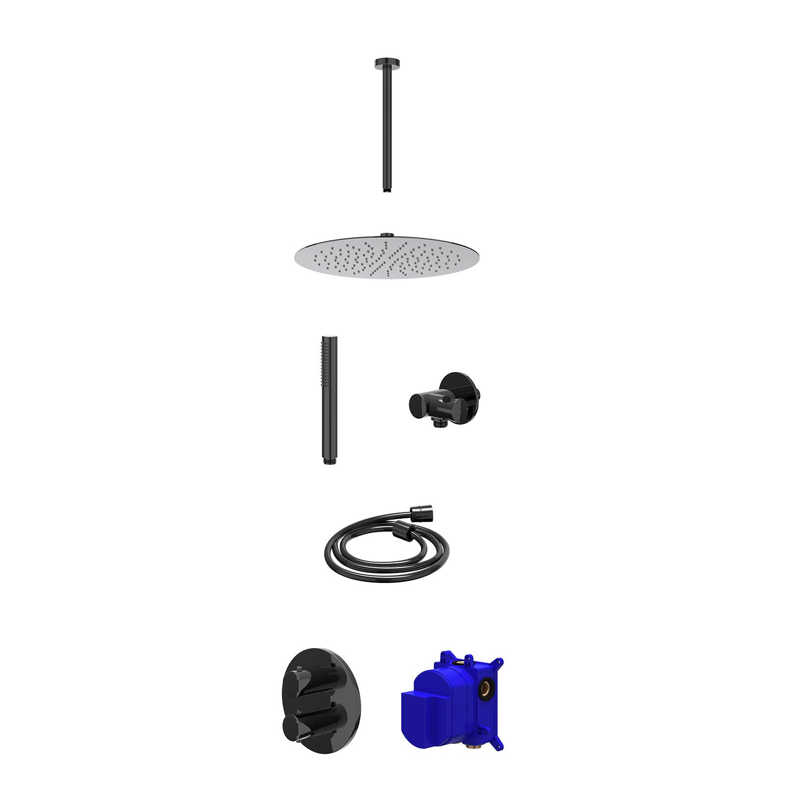 IVY Bond Regendoucheset inbouw 2-weg - 30cm slim - plafond 30cm - verstelbare steun - staafhanddouche - Zwart chroom