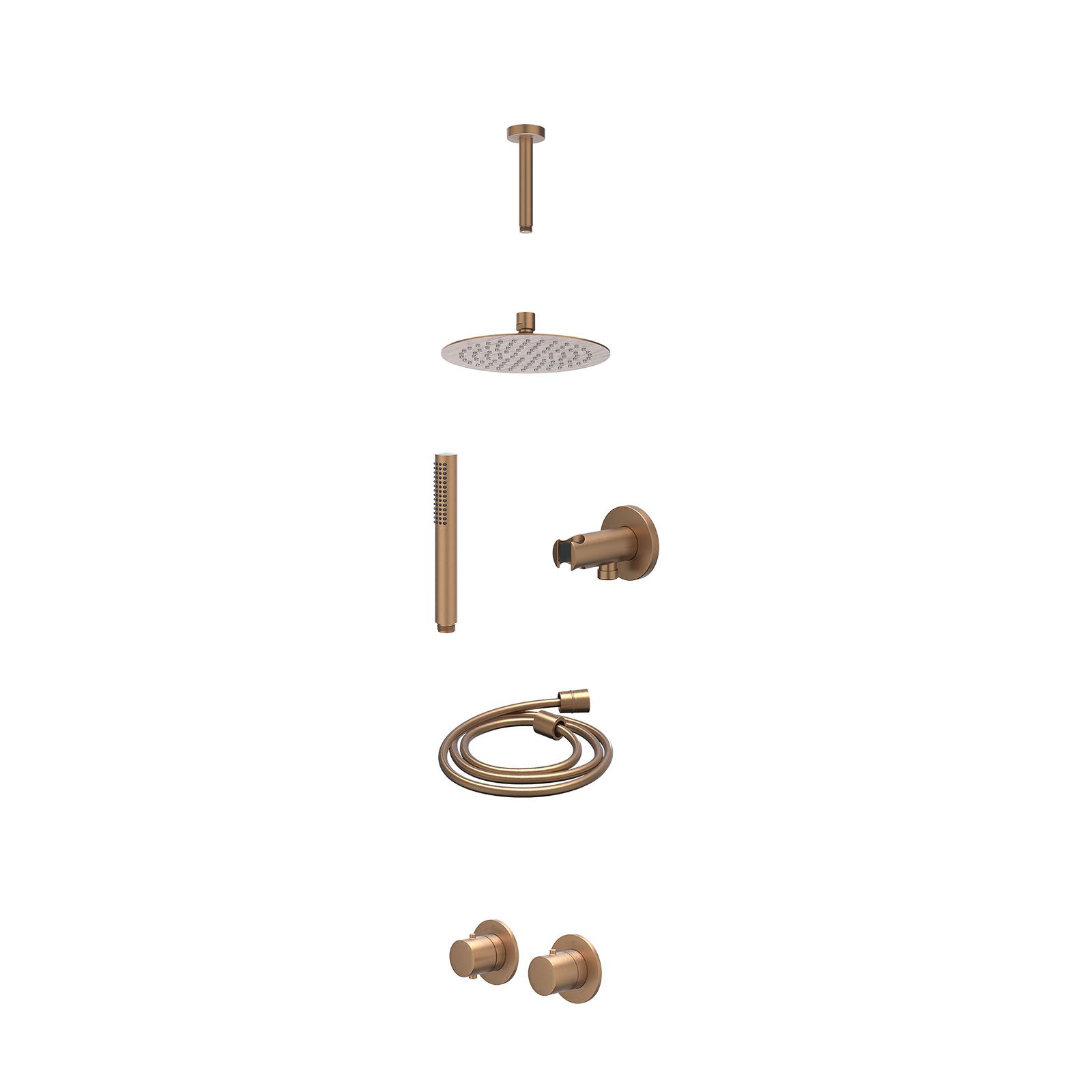IVY Bond Regendoucheset inbouw symmetry 2-weg - 20cm slim - plafond 15cm - wandhouder - staafhanddouche - excl. inbouwbox - Geborsteld mat koper