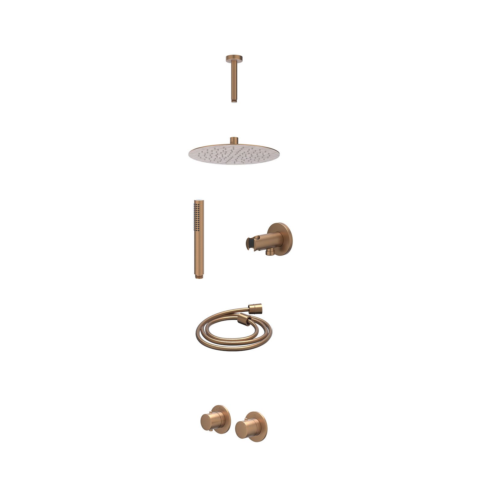 IVY Bond Regendoucheset inbouw symmetry 2-weg - 25cm slim - plafond 15cm - wandhouder - staafhanddouche - excl. inbouwbox - Geborsteld mat koper