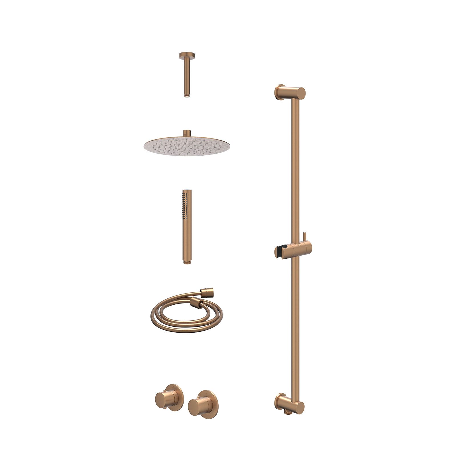 IVY Bond Regendoucheset inbouw symmetry 2-weg - 25cm slim - plafond 15cm - glijstang - staafhanddouche - excl. inbouwbox - Geborsteld mat koper
