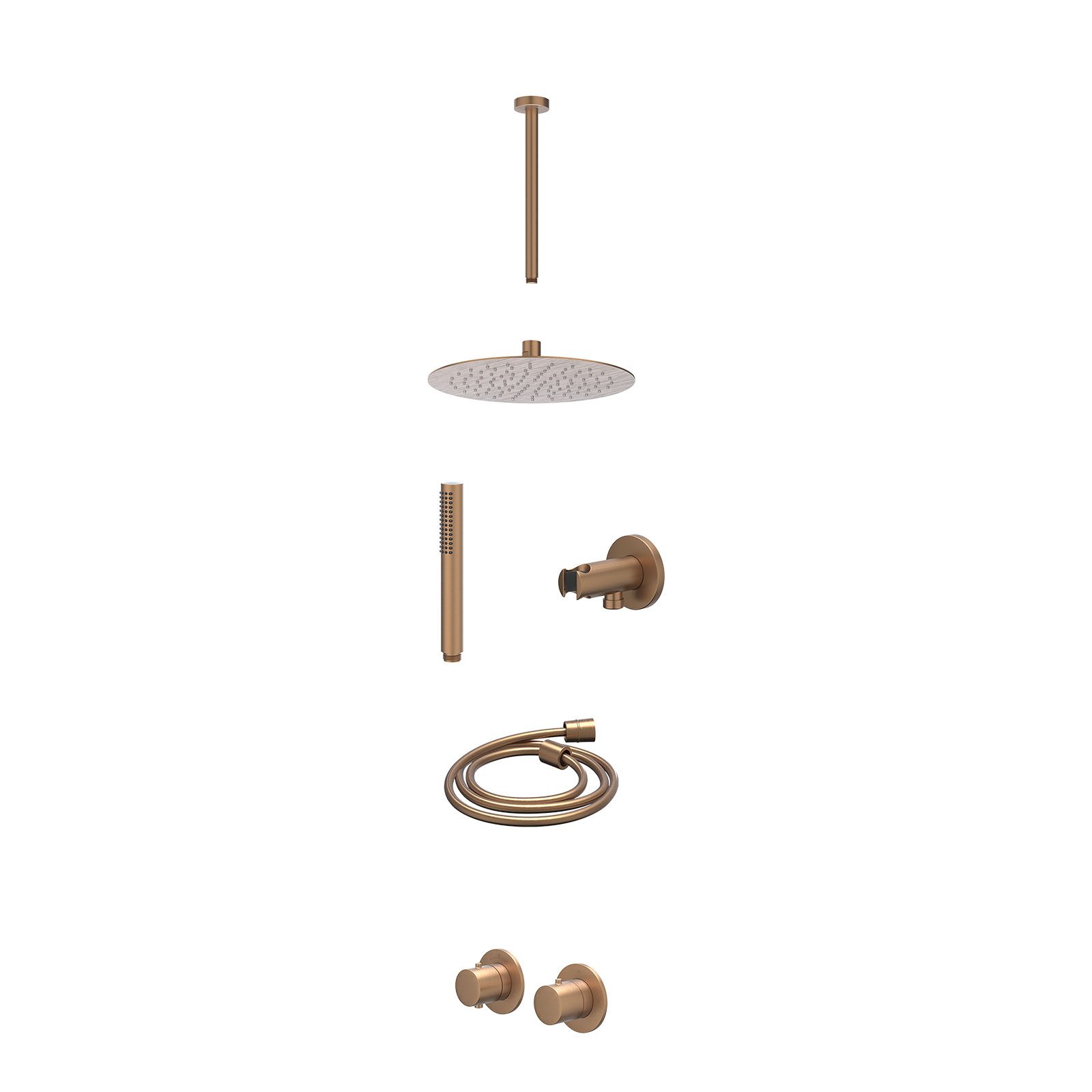 IVY Bond Regendoucheset inbouw symmetry 2-weg - 25cm slim - plafond 30cm - wandhouder - staafhanddouche - excl. inbouwbox - Geborsteld mat koper