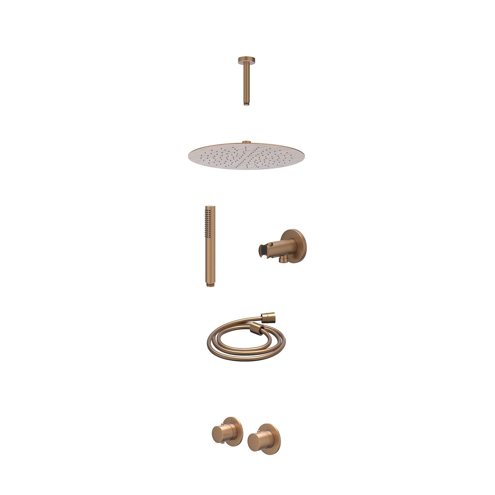 IVY Bond Regendoucheset inbouw symmetry 2-weg - 30cm slim - plafond 15cm - wandhouder - staafhanddouche - excl. inbouwbox - Geborsteld mat koper