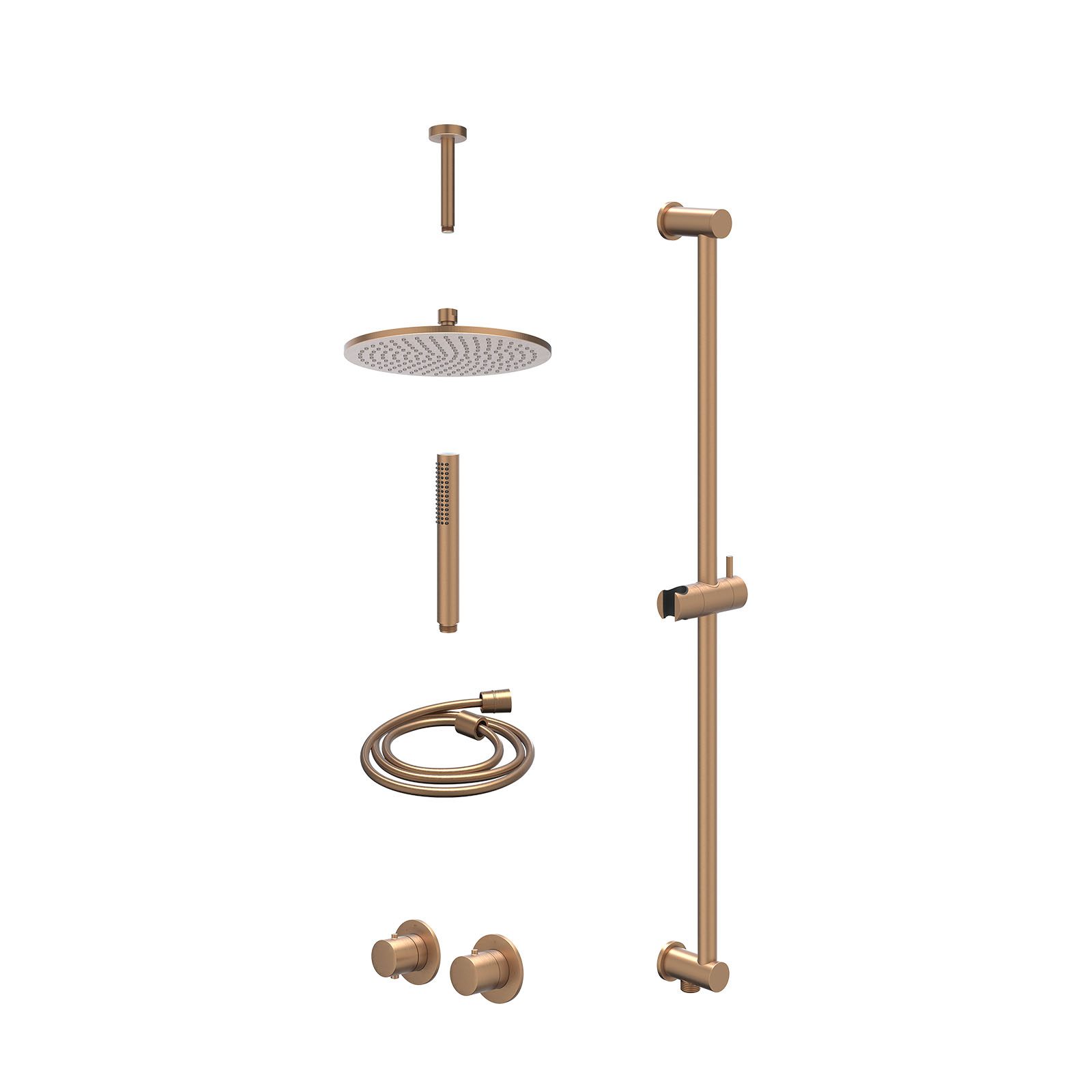 IVY Bond Regendoucheset inbouw symmetry 2-weg - 25cm medium - plafond 15cm - glijstang - staafhanddouche - excl. inbouwbox - Geborsteld mat koper