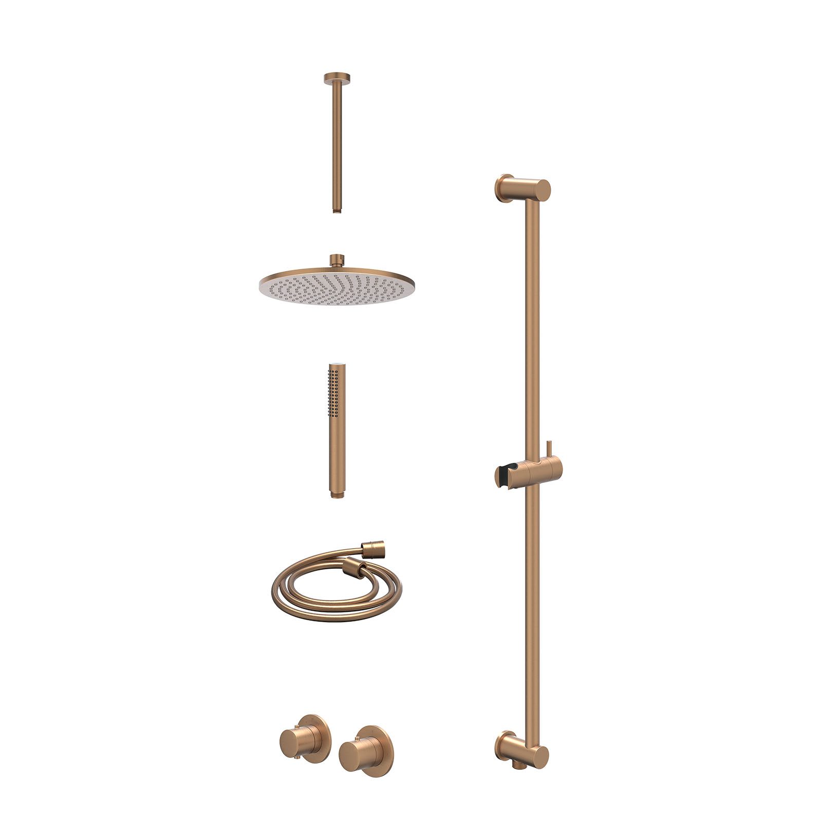 IVY Bond Regendoucheset inbouw symmetry 2-weg - 25cm medium - plafond 30cm - glijstang - staafhanddouche - excl. inbouwbox - Geborsteld mat koper