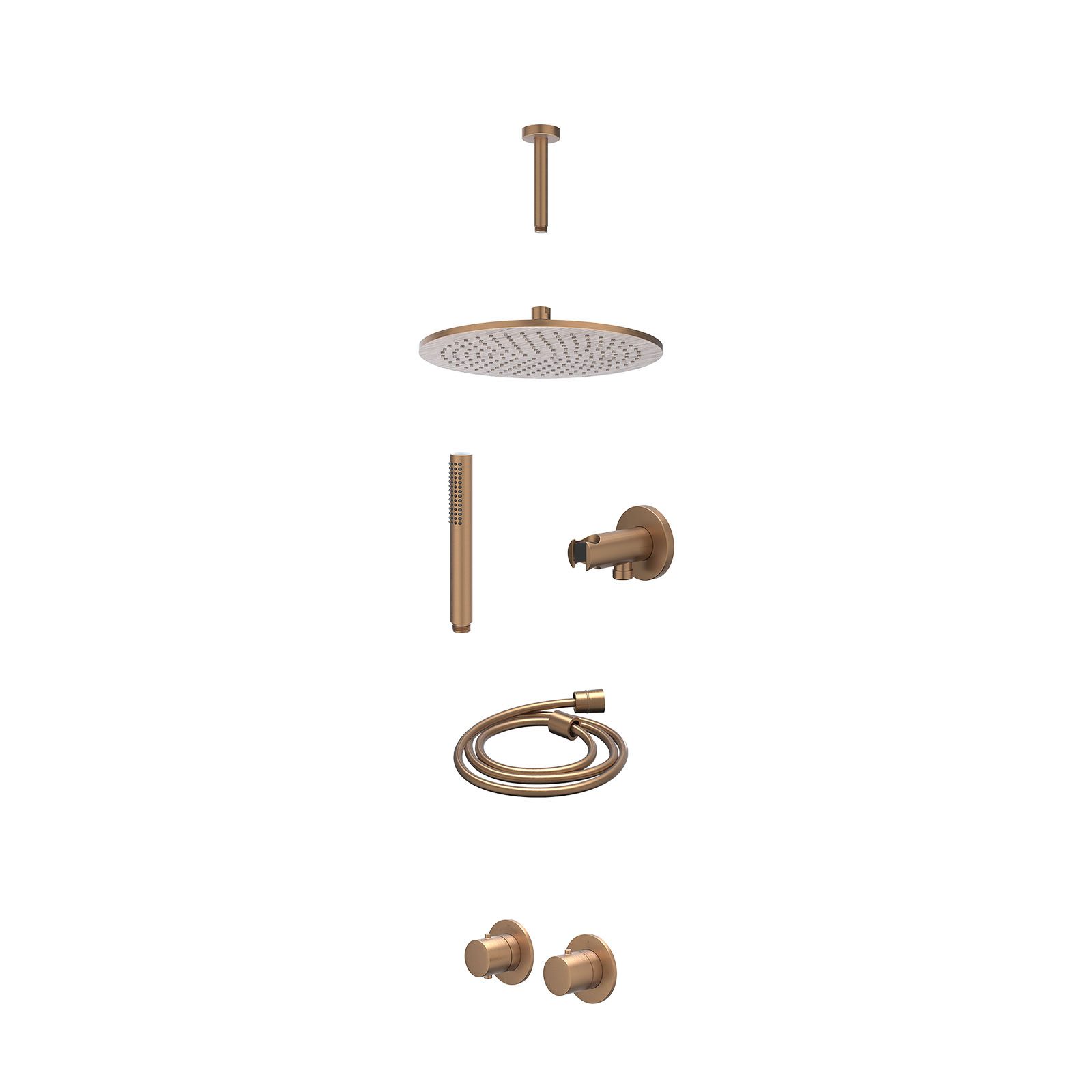 IVY Bond Regendoucheset inbouw symmetry 2-weg - 30cm medium - plafond 15cm - wandhouder - staafhanddouche - excl. inbouwbox - Geborsteld mat koper