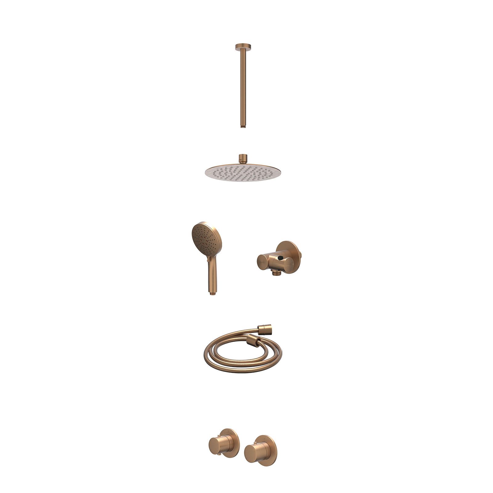 IVY Bond Regendoucheset inbouw symmetry 2-weg - 20cm slim - plafond 30cm - verstelbare steun - 3-standen - excl. inbouwbox - Geborsteld mat koper