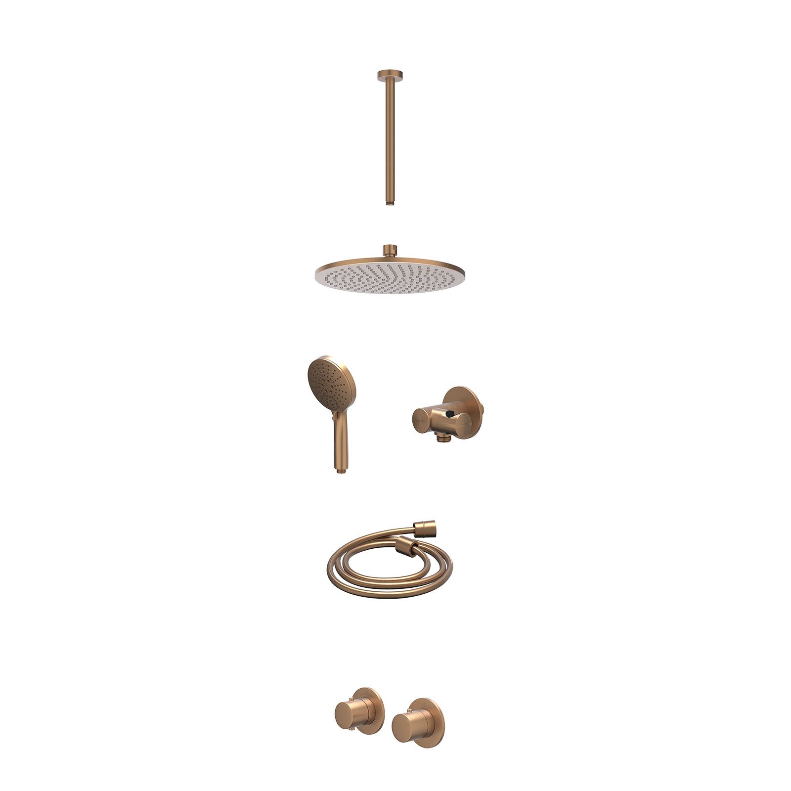 IVY Bond Regendoucheset inbouw symmetry 2-weg - 25cm medium - plafond 30cm - verstelbare steun - 3-standen - excl. inbouwbox - Geborsteld mat koper