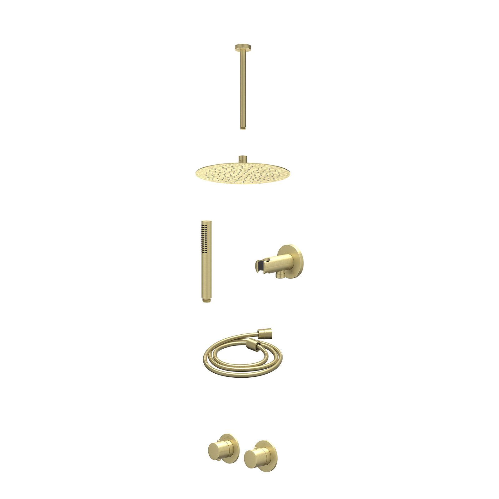 IVY Bond Regendoucheset inbouw symmetry 2-weg - 25cm slim - plafond 30cm - wandhouder - staafhanddouche - excl. inbouwbox - Geborsteld mat goud
