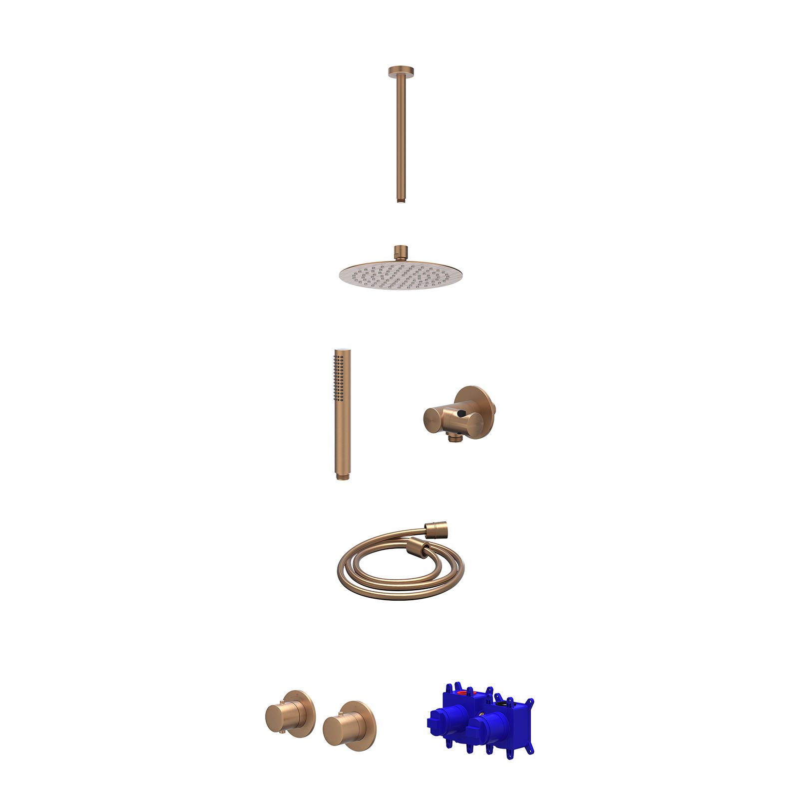 IVY Bond Regendoucheset inbouw symmetry 2-weg - 20cm slim - plafond 30cm - verstelbare steun - staafhanddouche - Geborsteld mat koper