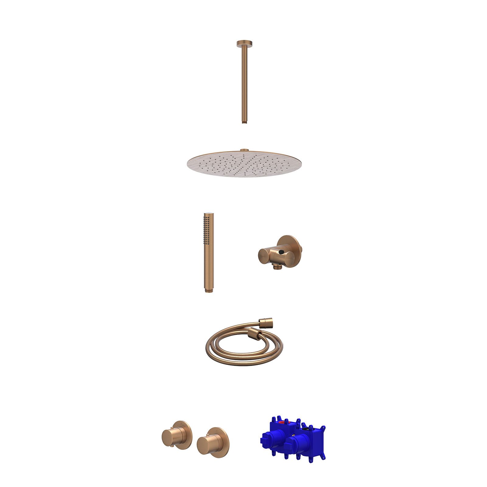IVY Bond Regendoucheset inbouw symmetry 2-weg - 30cm slim - plafond 30cm - verstelbare steun - staafhanddouche - Geborsteld mat koper