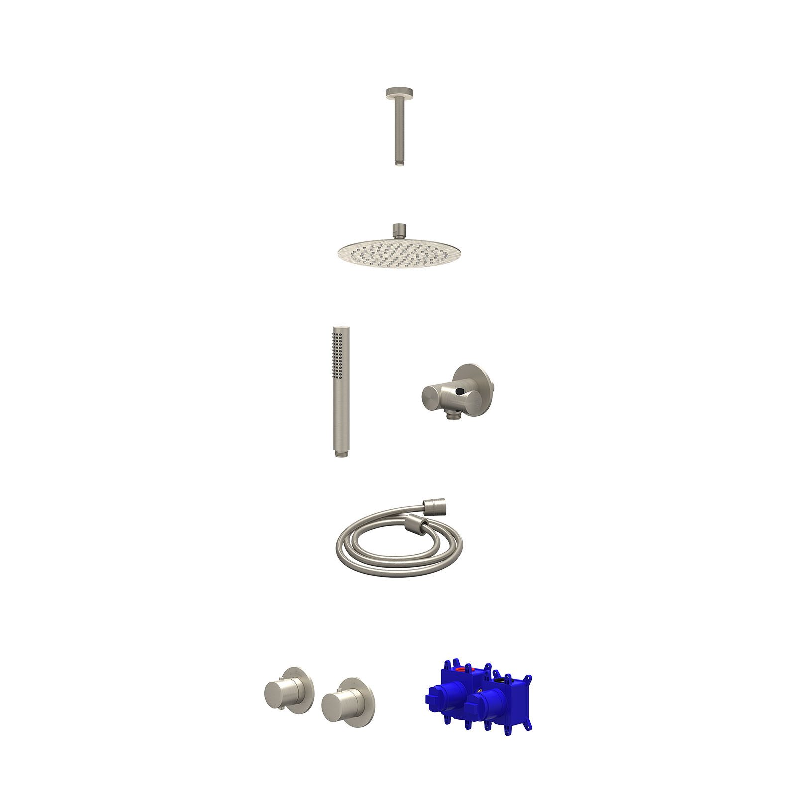 IVY Bond Regendoucheset inbouw symmetry 2-weg - 20cm slim - plafond 15cm - verstelbare steun - staafhanddouche - Geborsteld nickel